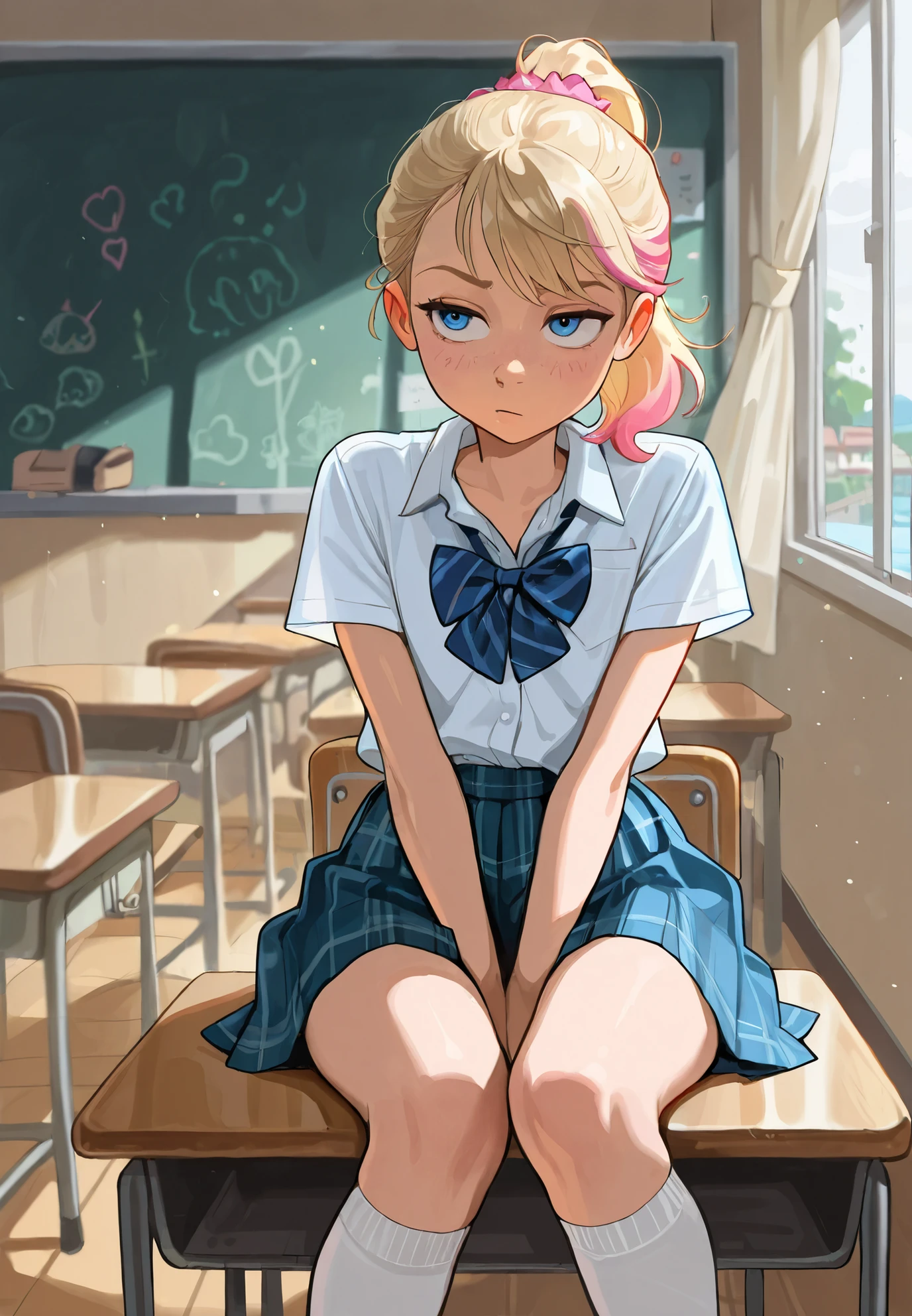 1girl, solo, Riley Andersen, Inside Out, blonde ponytail hair with pink highlights, schoolgirl outfit, knee socks, sitting on a desk, classroom, rainy day, seaside town, sexy pose, alluring atmosphere,beautiful lighting and shadows,masterpiece,top quality,warm color,high resolution,high fashion,absurdres extremely,vivid colors,intricate details,best quality,amazing quality,very aesthetic,newest,ultra-detailed,