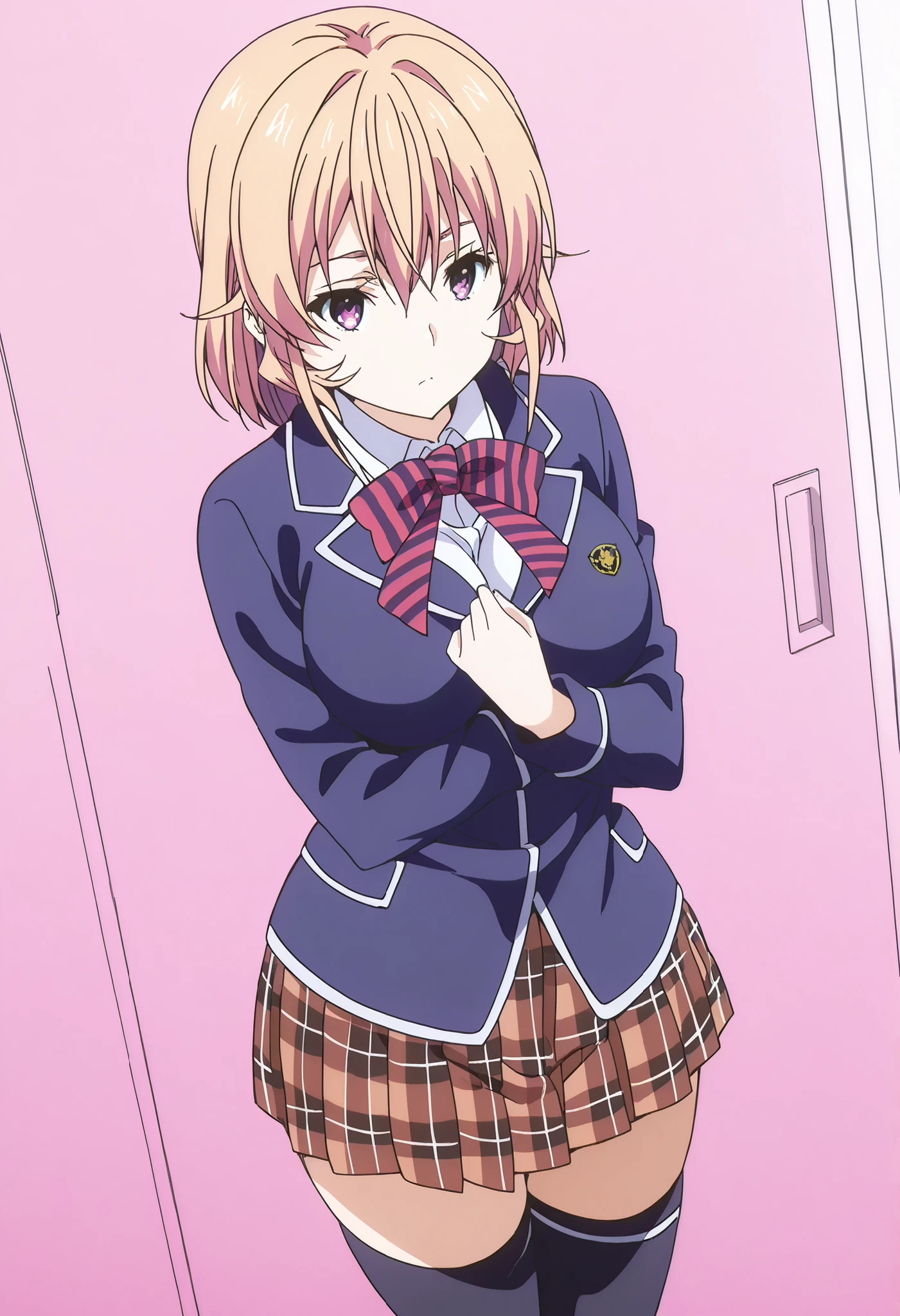2girls, Yuri nakiri_erina_ilxl, schooluniform, 1girl, solo, thighhighs, school uniform, long hair, skirt, blonde hair, purple eyes, zettai ryouiki, blue jacket, thighhighs, large breasts, ,, arato Hisaku, short hair, purple hair, school uniform, skirt, 2girls hugging