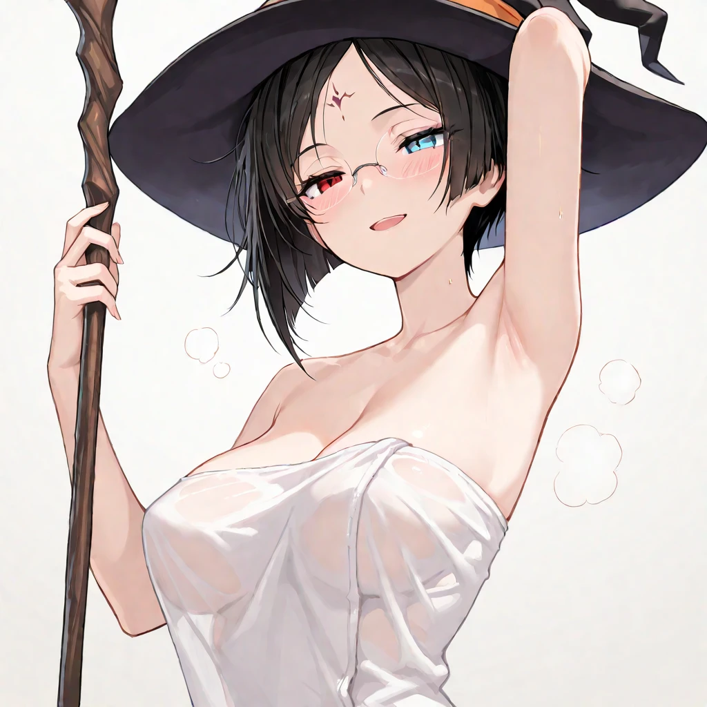 (naughty face:1.3), (hand on own face:1.1), meguminnude, contrapposto, staff, holding staff, bandaged leg, cowboy shot, looking at viewer, nipples, pussy, smile, solo, standing, nude, witch hat, <lora:megumin_v3:0.8>, <lora:age_slider_v2:2>