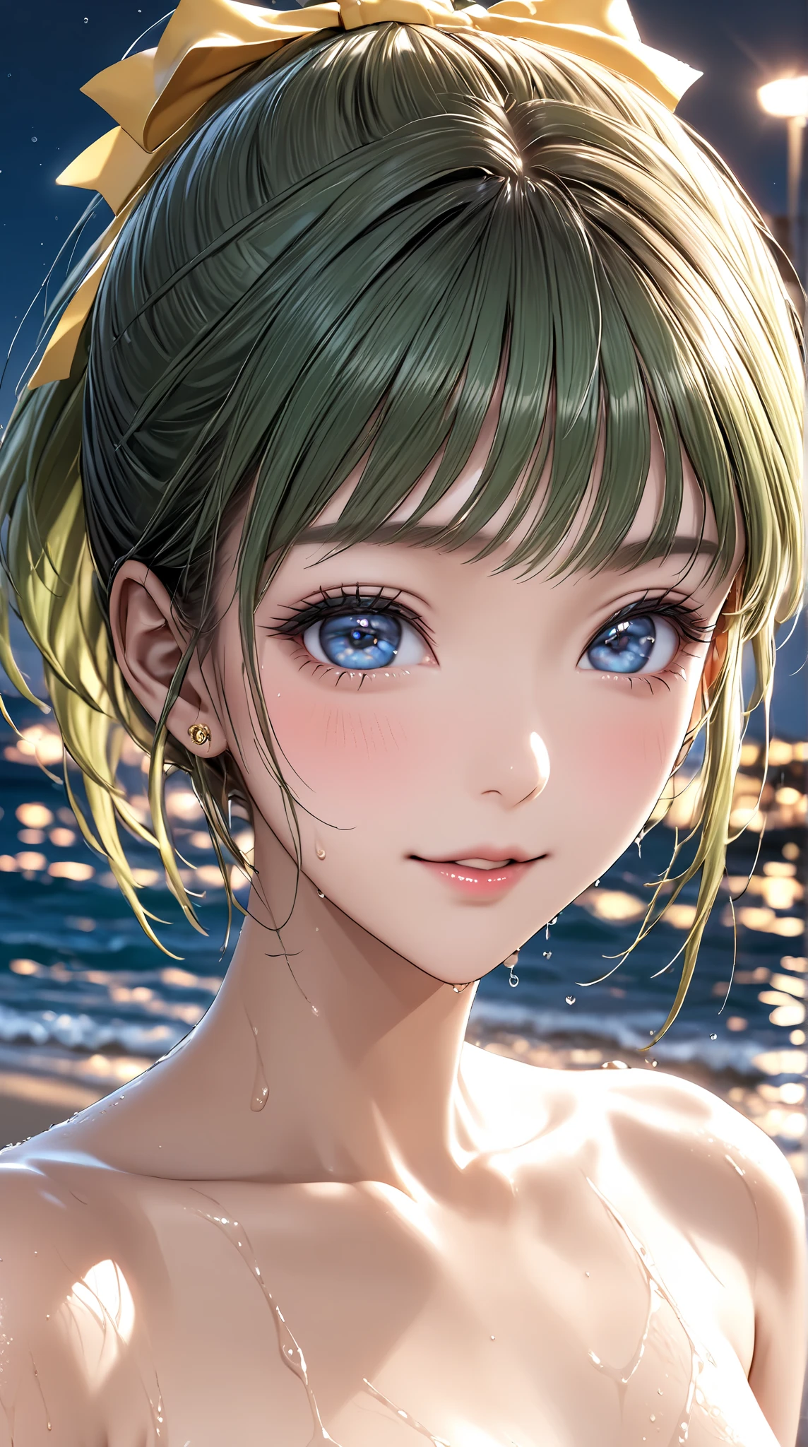 (Masterpiece, BestQuality:1.3), (ultra detailed:1.2), (hyperrealistic:1.3), (RAW photo:1.2), High detail RAW color photo, professional photograph, (Photorealistic:1.4), (realistic:1.4), professional lighting, perfect anatomy, (Big Breasts:1.2), (blush, detailed face), (cheerful Smile:1.5), Trending Hair&Trending Hairカラーをランダムに, earrings, necklace, bracelet, sexly, erotic sexly, Random sexy gravure poses, (A woman in a green bikini、She is enjoying the sun on the beach and posing sexy with a happy smile.。Her pink wavy hair sways gorgeously.。:1.3)