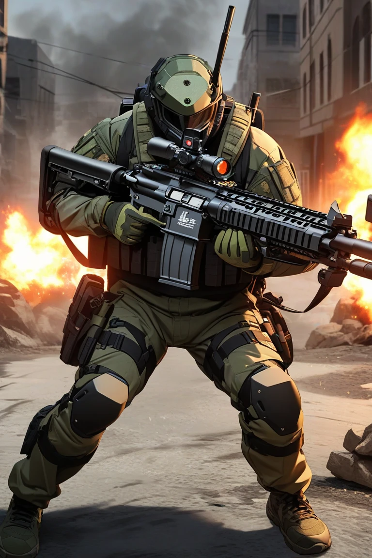 war photograph, a 3d octane render of a camouflage futuristic soldier on one knee in a gunfight, war torn urban area on fire, unreal engine 5, sci-fi, subsurface scattering, hyper-realistic, concept art, illustration, extremely detailed combat backdrop, intricate, sharp lines, crisp focus, fascinating, 8k, smooth, incomparable, immersive combat background