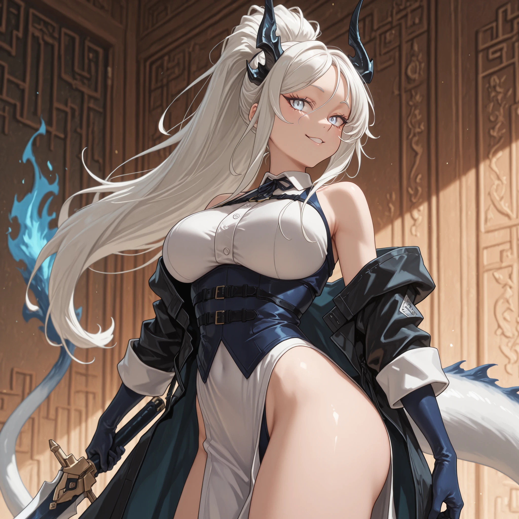 Sozinho, 1 , facing the viewer, white hair, hairstyle from Sylpha from "Tensei Shitara Dai Nana Ouji Dattanode", face de Sylpha de "Tensei Shitara Dai Nana Ouji Dattanode", Sylpha eyes from "Tensei Shitara Dai Nana Ouji Dattanode", Long FRINGE, Perfect Anatomy, estudante, Reed's black horns from "arknights", tail, white tail, blue flame on the tip of the tail, young girl , perfect body, jovem, sensual, perfect and beautiful face;
A black coat like Dusk with "arknights", sexy white Chinese dress, exposed arms, blue arms with black spots, hands with claws, blue hands with black spots;
facing the viewer, cara a cara, fundo preto, sexy pose, big breasts, big ass;
Holding a heavy sword, sword looking like the sword of Nian from "arknights", golden details on the sword, giant sword drawing, Silver blade;
attack position, exposed shoulders and head, near the face , looking at the character, looking at the viewer, cara a cara, Provocative smile, confiante, cute expression;
Pay attention to the necessary colors, , maximum resolution ;
uma imagem +18, A sexy image;