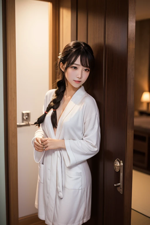 (masutepiece, Best Quality:1.4), Beautiful face, 8K, 85 mm, absurderes, ((Dark bedroom in the hotel))、(Wearing a thick white bathrobe:1.4), ((cowboy shot:1.5))、((Shot from below:1.4))、((udder of medium size:1.4))、violaceaess, gardeniass, Delicate girl, Solo,(((Twin-tailed:1.5)))、((sitting in the couch:1.4))、((Drink juice:1.4))、Night, Looking at Viewer, Upper body, Film grain, chromatic abberation, Sharp Focus, face lights, Professional Lighting, Sophisticated, (he looked at me with a confused expression:1.4), (Simple background, Bokeh background:1.2), Detail Face、