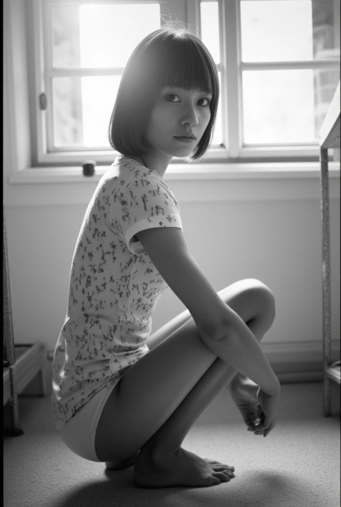 ((Monochrome Photography)), (black and white image), masterpiece, photo paper effect, Film grain, (((raw monochrome photo of a shameless Soviet punk girl in the 80s style))), filmed "Svema" SLR camera "Zenit-3", Humanity, photo of a charming chubby Russian student 18 years old with aesthetic soft very small natural teenage breasts with large beautiful pale pink erect nipples, very beautiful round young face(focus on perfect angelic face), round cheeks, round chin, beautiful proportional small wide nose, Realistic expressive dark brown eyes, long eyelashes, open friendly look, glasses with lenses, beautiful plump sensual lips, realistic very tousled dark brown short hair, short, tousled hair combed up like a mohawk(80s punk hairstyle), whole body, short stature, Teenage Physique, short torso, Narrow hips, narrow pelvis, beautiful hands and feet with graceful fingers, separated thighs, shameless carefree behavior, stylish linen sundress to the hips on a naked body(aesthetic 80s style pubic hair, brazen exhibitionism), Bare beautiful legs, Converse sneakers, (I don't wear a bra because I don't want to, I don't wear panties because I don't want to), realistic atmosphere of the USSR 80s, medium shot, whole body, Free standing pose, Walk in the park, sunny day, natural natural light, everyday interaction with people around you, daylight, realistic human skin textures, Realistic clothing textures, realistic background textures, realistic Leningrad 80s on the background, realistic glasses with distorting lenses, reflections of sunlight on glasses lenses,