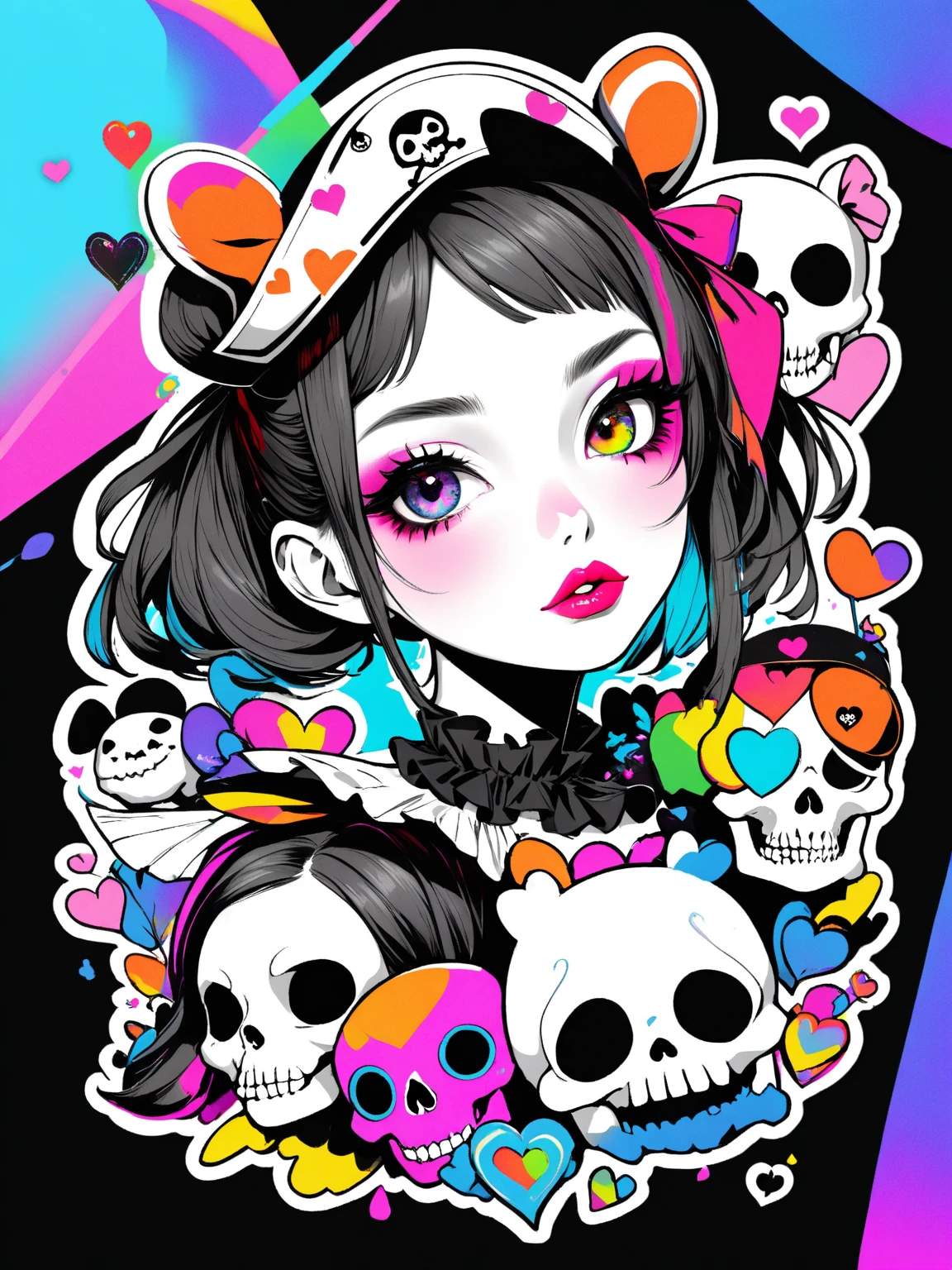 Lie、Lying down、ridicule、Finger prick、Black Hair、Black Feather、Gothic Punk,anime zombie witch design, crossbones, skulls, street wear design, pro vector, Horror style, full design, 6 colors only, solid colors, no shadows, full design, sticker, bright colors, white background.super fine illustration,(((beautiful fine hair))),(((beautiful fine face))),(((beautiful fine background))),(((beautiful fine hair))),(((beautiful fine face))),(((beautiful fine background))),Midsummer、beachBlack Hair、blunt bangs、Cross-eyed