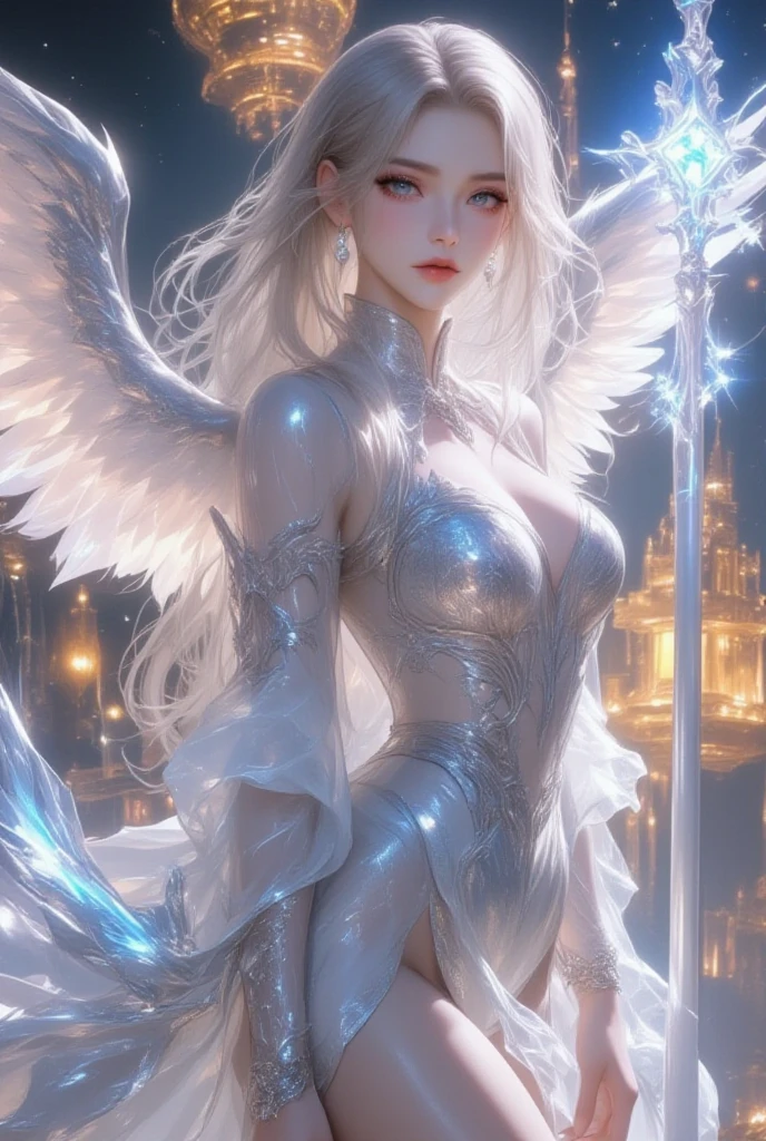 Goddess Girl in White Robe, The eyes are the most beautiful、Highly detailed blue, Hyper Perfect Face, Long gray hair that fell to the floor in braids, medium breasts, Curved fit body, With huge half-open angel wings, Translucent areola , Angelic, divine, celestial, A Light Reflecting the Divine, walking slowly, perfect reflections, Sharp and vivid colors, {extremely detailed 8k CG unit wallpaper}, Vast landscape photos, (View from below, Stick to characters and settings), (Wide Open Field View), (low  angle shot), (Highlight: 1.8), (low illuminance: 1.4), (Warm light source: 1.2), intricate-detail, ( Iridescent colors: 1.8), (Bright lighting), (Atmospheric lighting), Dreamy, divine, An majestic, epicd