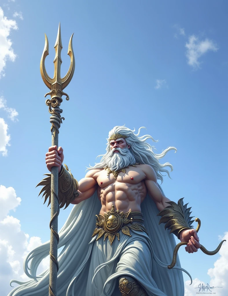 Design an image featuring Poseidon, the god of the sea, amidst turbulent waters. Poseidon should be depicted in his majestic form, wielding his trident, with waves crashing around him. Capture the power and authority of Poseidon as he commands the ocean. Ensure the image conveys the awe-inspiring might and dominance of the sea deity.