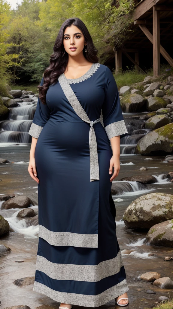 A beautiful and hot almost chubby mature woman with big butt.who wears a navy colored Arabic dress with sleeves tied in front. And standing in the yard of a big house next to the pool. A smiling face.