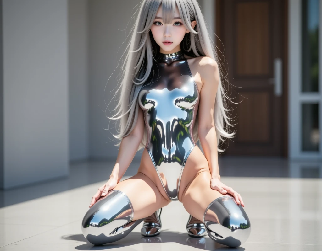 Japan Female Students、flat chest、Silver Bodysuit、Full body visible from below、delicate body、ponytail、beautiful spread legs