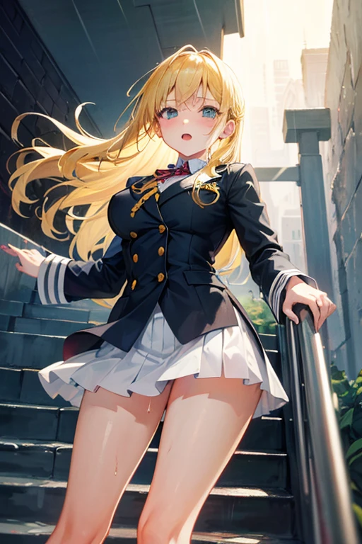 High school girl, sailor uniform, blue school skirt, black long socks, thick thighs, super wide hips, gigantic breasts, big ass, blonde hair, blue eyes.