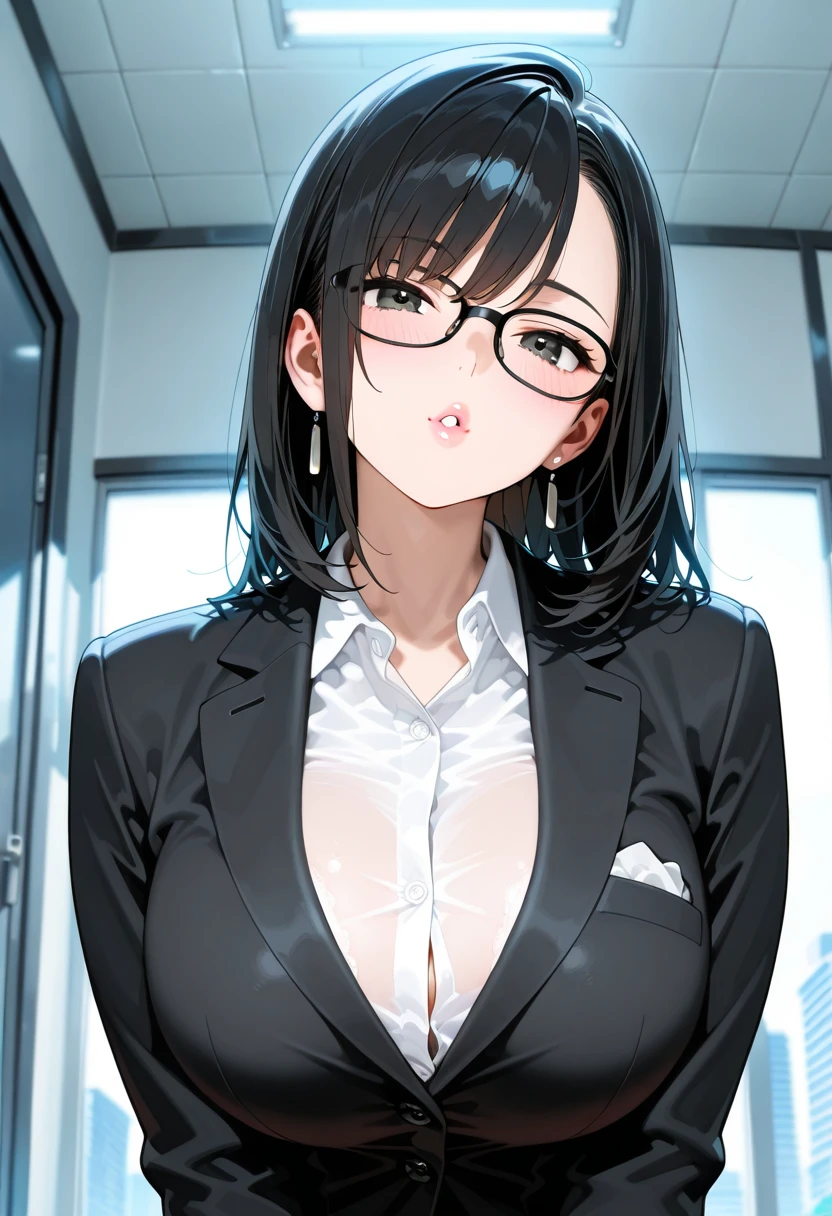 ((nsfw)), ((nude)) A young adult Latina nude woman with long black hair styled in curtain bangs, very beautiful, with medium-sized, pointed breasts, thin legs, a small butt, slightly full lips, and large brown eyes. She also has aviator-style glasses.