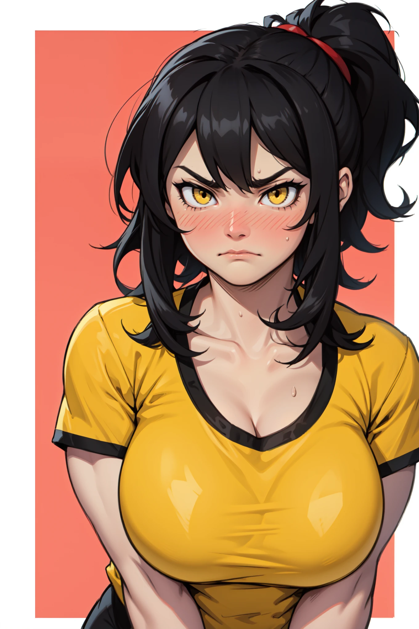 a muscular woman black hair yellow eyes pale skin frown blush big breasts
