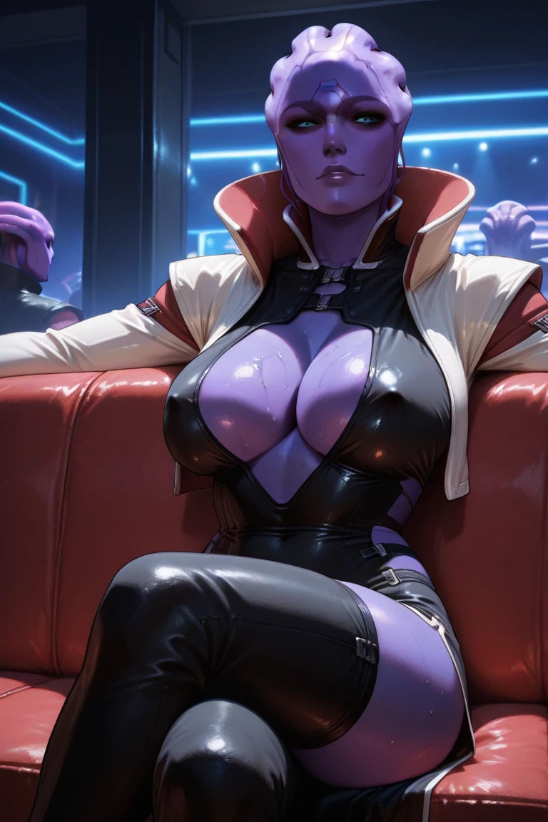 1girl, sofa, sitting, legs crossed, bodysuit, black bodysuit, bare arms, bare shoulders, (large breasts:1.2), yoruichi shihouin, dark skin, dark-skinned female, ponytail, purple hair, yellow eyes, (black leotard:1.4), thighhighs, full body, ((Leg Crossing ))