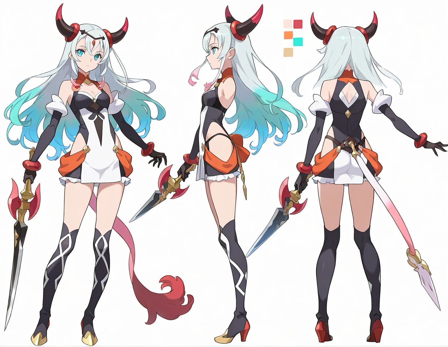 female devil character, caucasian, beautiful, girl with devil horn, cool black leather costume with gold line ornament, cool black short, her legs skin exposed, cleavage, short black hair, devil character design, stylized, cartoon, black high heels, black leather, character design sheet, character design, front view, side view, (same character from different angles), ((white background, simple background color, flat background)),sadie, line anime, fullbody, big face, big head, mature, Simple shade
