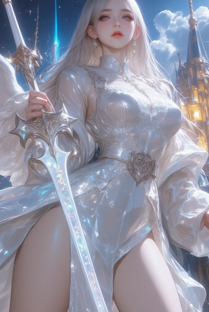 character: A beautiful woman, legendary, ((((realistic oil art, 46-year-old Empress, vibrant look, ((an elf, with golden color hair. she has a pair of huge golden wings behind her, and she holds a silver-white weapon , modest)), perfect body figure, very big breast, very big ass, beautiful face, milf, royal, shine eyes, blue eyes, ponytail long hair style, beautiful skin, naked                                                                                                                  details: 1girl, masterpiece, extremely detailed, (beautiful detailed glow), lens flare, red flare lens, sun flare, clouds, backlighting, (blue sky)
, light from behind, shadow on the figure, sparkling snow ,smile, laughter, standing in the distance, looking at the viewer, full-length
, elegance under the sun, hair ornament, movement motion, image look alive, Extremely details hair, fine details, cinematic lighting, beautiful lighting effect, creative design, full body frame, divine aura, hard harmony , sun light, perfect color transition, perfect balance of contrast, perfect color layer, perfectly smooth color blur, soft rendering, smooth color stroke, moon glare, optic lens, moonlight ray, soft colors, smooth colors blend, perfect color rendering, harmony, perfect color harmony, beautiful color, soft harmony, light particles, perfect details, intricate details, color prism, fine details, refine details, different view point))), Tachibana Omina art style, affectionate eyes, half a smile, slightly open mouth, a gentle expression on his face, serene scenery of  flower under the snow, snow flake floating around, calm, breeze, sun, lake, reflection, in the background, butterflies in the sky, realism, ((Best quality))),8k,((Masterpiece)),(Extremely refined and beautiful)
