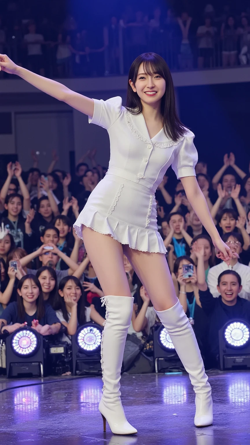 8K, Best Quality, Ultra High Definition, Masterpiece, Realistic, Photorealistic, High Contrast, Photon Mapping, Real Image, Super Detail, Low Angle: 1.5, 1 Girl, Solo: 1.5, Full Body, Night Concert Venue Stage: 1.5, Kepop Star, Kepop Idol, Dress Like a kpop, Sexy, Fancy Makeup, Blazer: 1.3, Short skirt: 1.3, wearing blazer and skirt high heels, tie, kamisa: 1.3, bare feet, high heels, MCharacter opening leg: 1.3, 180 degree open leg, open crotch: 1.3, brown hair long hair, wet white panties: 1.5, panties visible from under skirt: 1.3, tall, height is 170 cm, long legs: 1.2, Beauty face: 1.5, Detailed female pubic shape is clearly visible: 1.5, pubic hair protruding from panties: 1.2, without panties: 1.3, textured skin