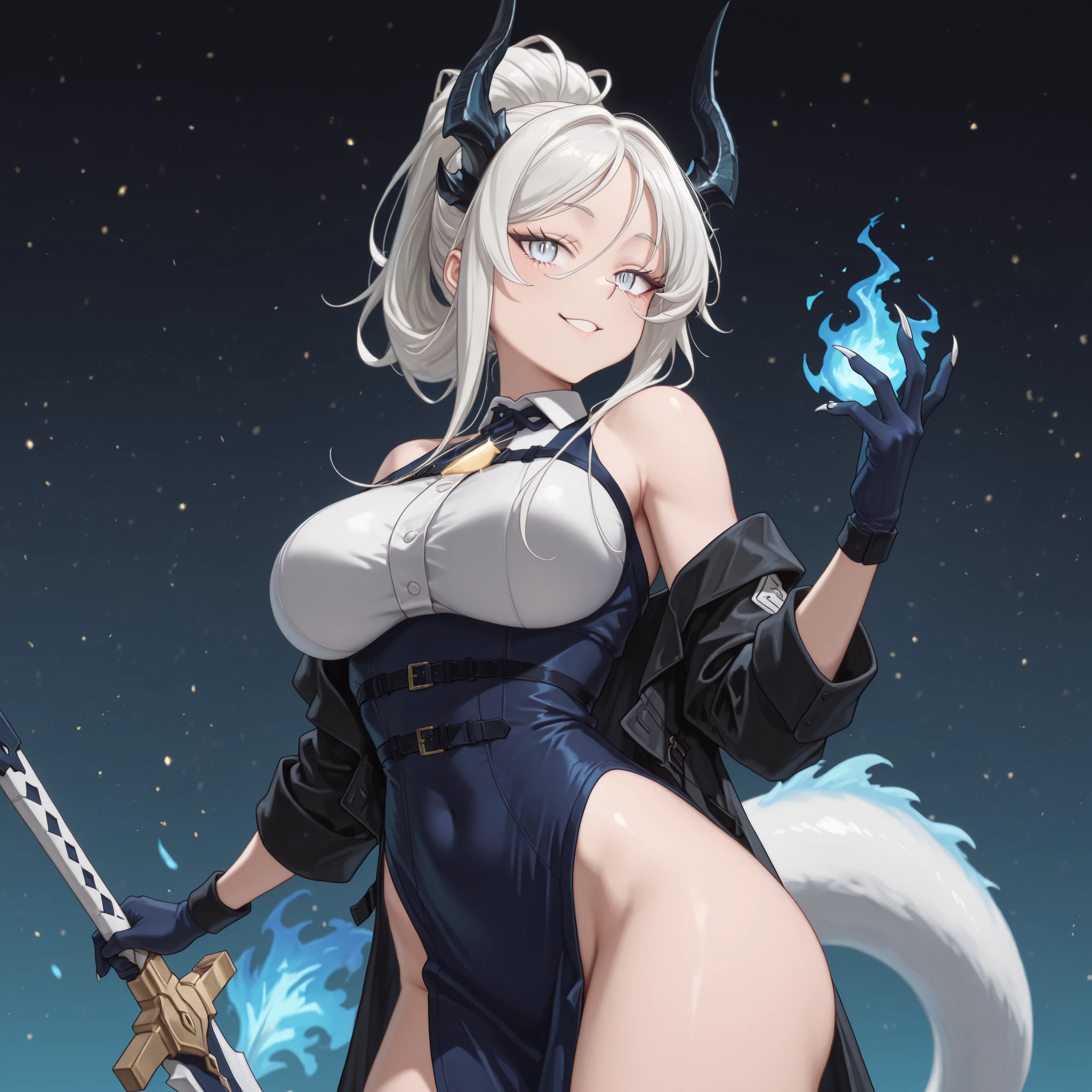 Sozinho, 1 , facing the viewer, white hair, hairstyle from Sylpha from "Tensei Shitara Dai Nana Ouji Dattanode", face de Sylpha de "Tensei Shitara Dai Nana Ouji Dattanode", Sylpha eyes from "Tensei Shitara Dai Nana Ouji Dattanode", Long FRINGE, Perfect Anatomy, estudante, Reed's black horns from "arknights", tail, white tail, blue flame on the tip of the tail, young girl , perfect body, jovem, sensual, perfect and beautiful face;
A black coat like Dusk with "arknights", sexy white Chinese dress, exposed arms, blue arms with black spots, hands with claws, blue hands with black spots;
facing the viewer, cara a cara, fundo preto, sexy pose, big breasts, big ass;
Holding a heavy sword, sword looking like the sword of Nian from "arknights", golden details on the sword, giant sword drawing, Silver blade;
attack position, exposed shoulders and head, near the face , looking at the character, looking at the viewer, cara a cara, Provocative smile, confiante, cute expression;
Pay attention to the necessary colors, , maximum resolution ;
uma imagem +18, A sexy image;