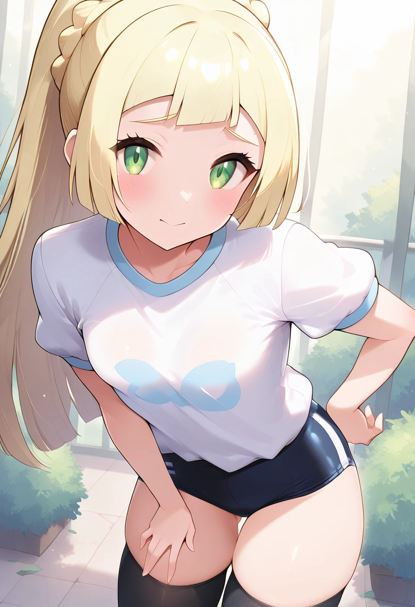 s○l○, 1 girl, highest quality, very detailed, (masterpiece), (illustration), school, outdoor , long sleeves, blonde hair, long hair, green eyes, two side up, eyebrows visible through hair, shine, bangs, shine, flat chest,white gym uniform,red bloomers,nude,topless,cum on chest,vaginal,sex,bottomless,1boy