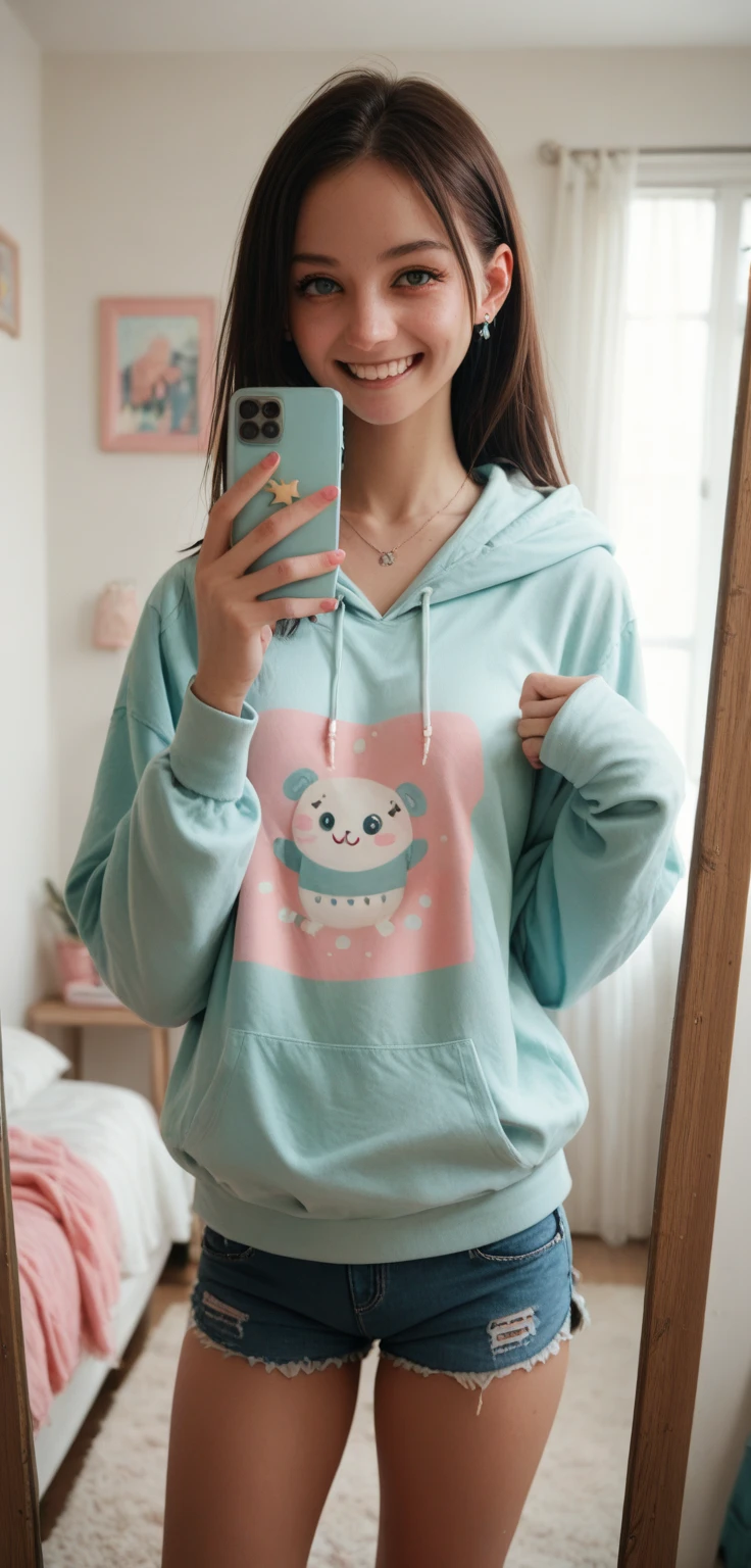a 14 year old girl、Esbian、light green tight shorts、、、bear ears hoodie、Good Style