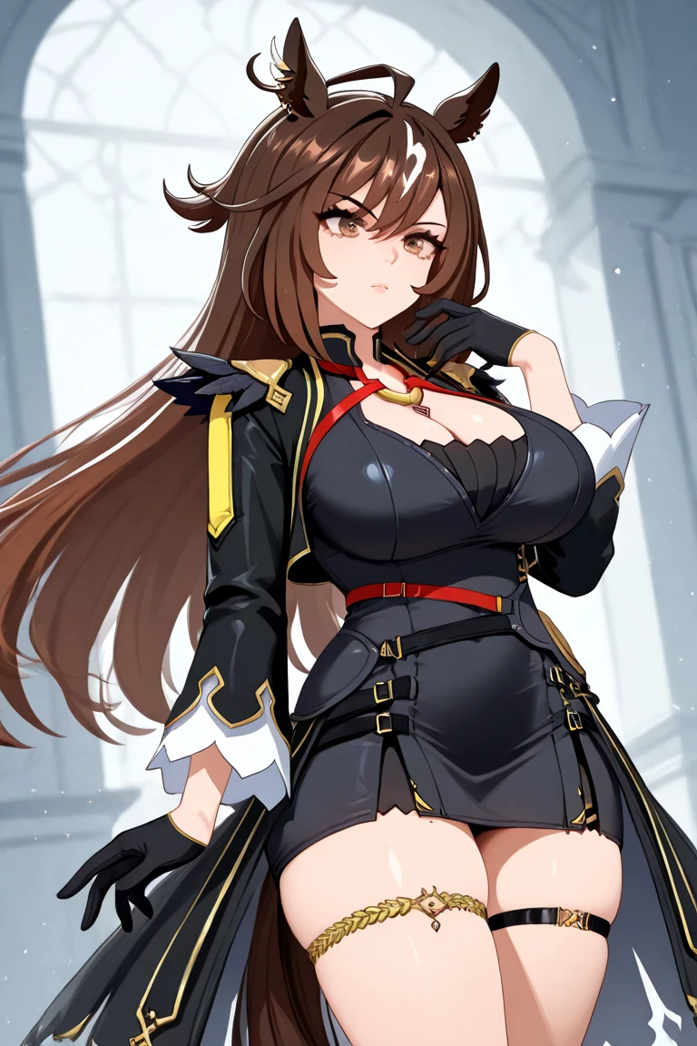 red hair, cool black and red jacket, white inner dress, deep orange eyes, mature and older look, animemanga girl, detailed key animation art, changli from wuthering waves
