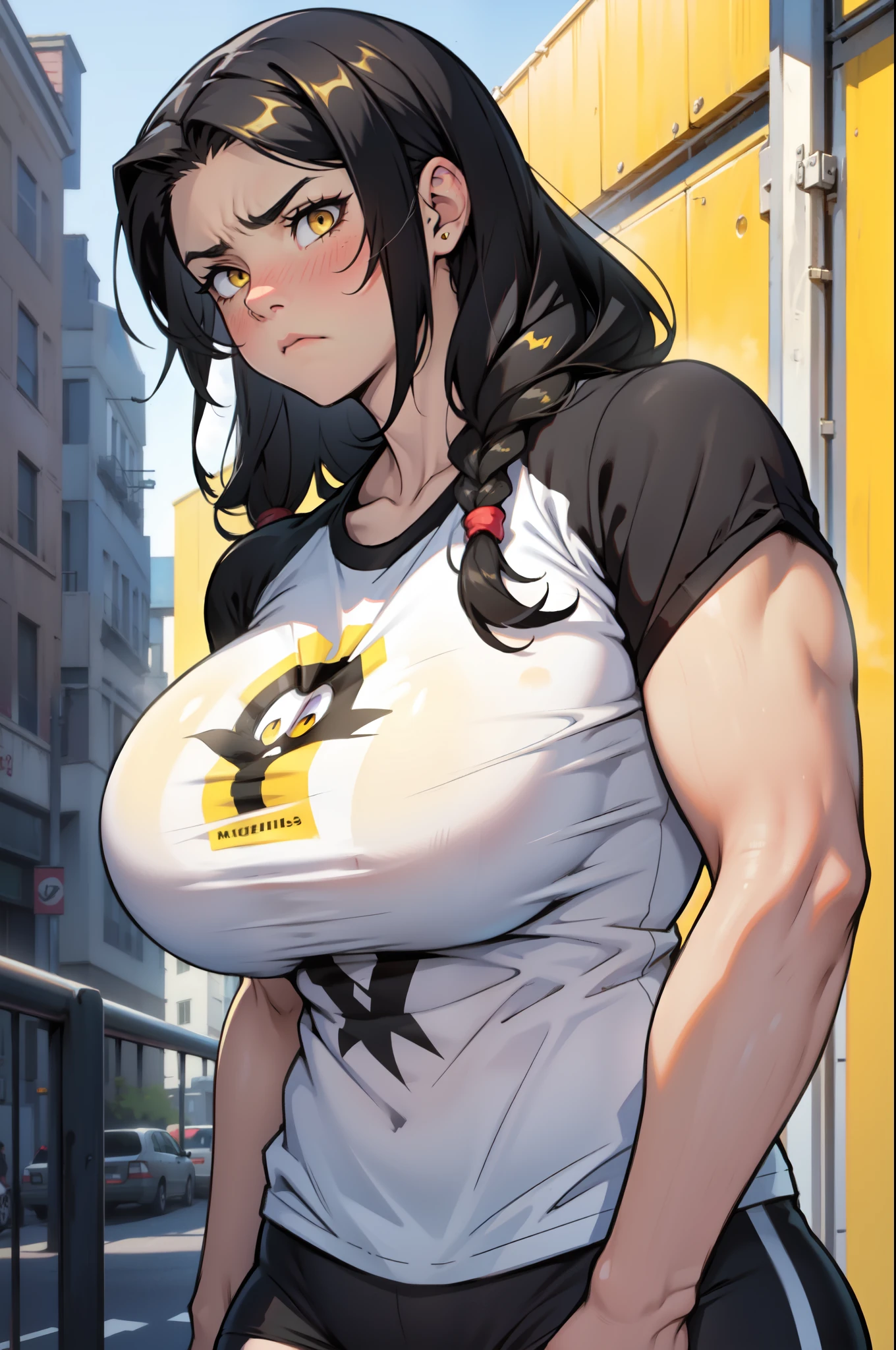 huge muscles girl huge breasts toned body black hair yellow eyes pale skin wavy hair messy hair upset hair between eyes