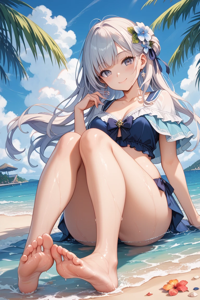 (masterpiece:1.2), (best quality:1.2), newest, intricate details, ai-generated, (anime coloring:1.1) highres, Masterpiece, Ultra-detailed, 1girl, solo, firefly (honkai: star rail), sweat, beach, bikini, medium breast, sexy pose, blue thighhighs ,Perfect Hands,