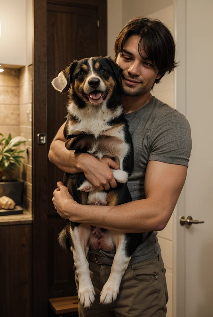 Hombre joven con barba jugando con su perro