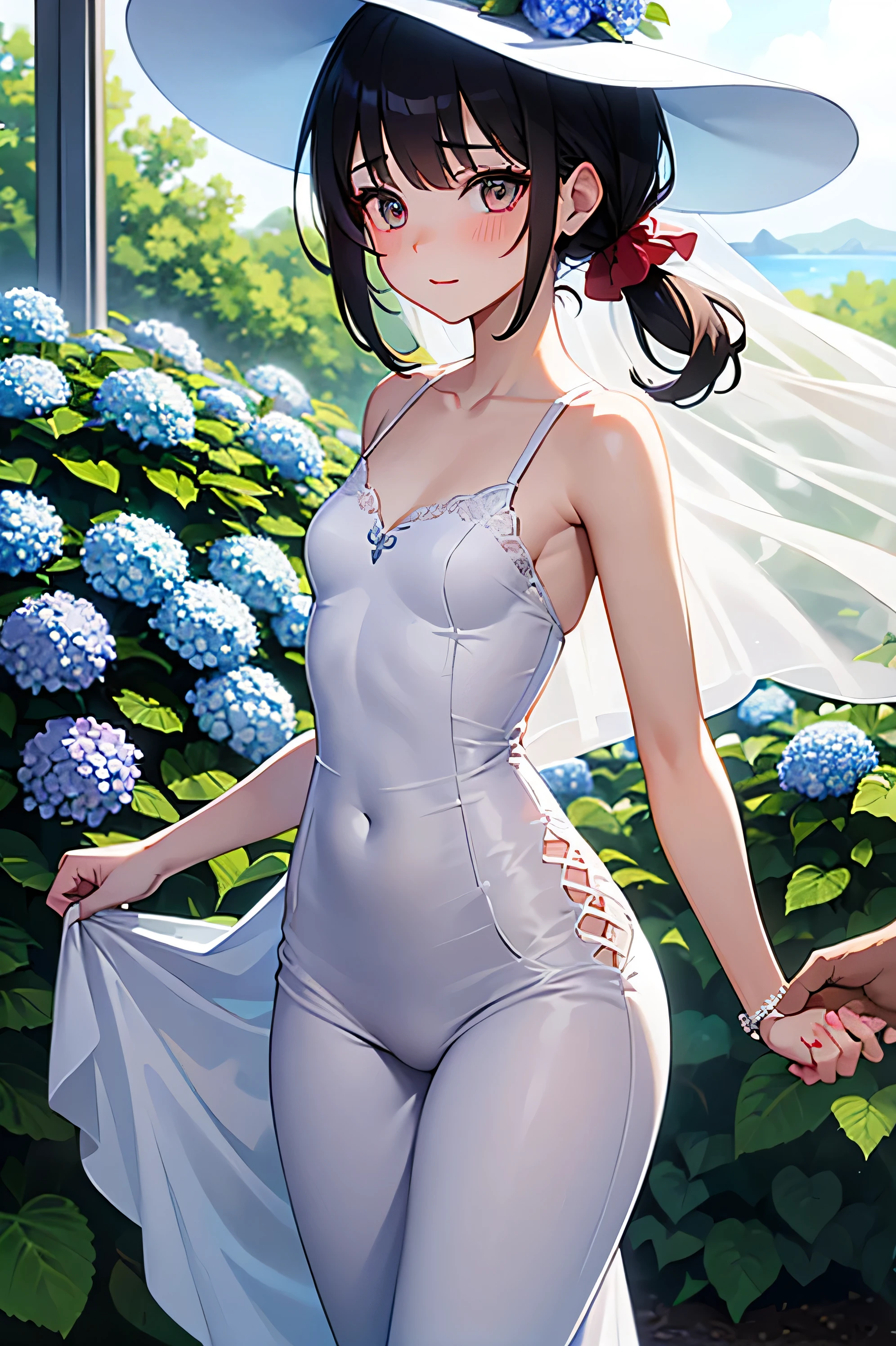 best quality,masterpiece,1girl,solo,(((NSFW))),(((9years old))),japanese girl,an extremely cute and beautiful girl,highly detailed beautiful face and eyes,petit,cute face,lovely face,baby face,shy smile,show teeth,black hair,medium long ponyTail hair,Hairless pussy,flat chest,skinny,slender,(((wearing a wet transparent white mini French maid dress))),(((standing in a flower garden))),she is looking at the viewer,hands lift up dress,(upskirt above the waist:1.1),(no panties:1.1),(legs spread wide:1.1),(no bra:1.1)