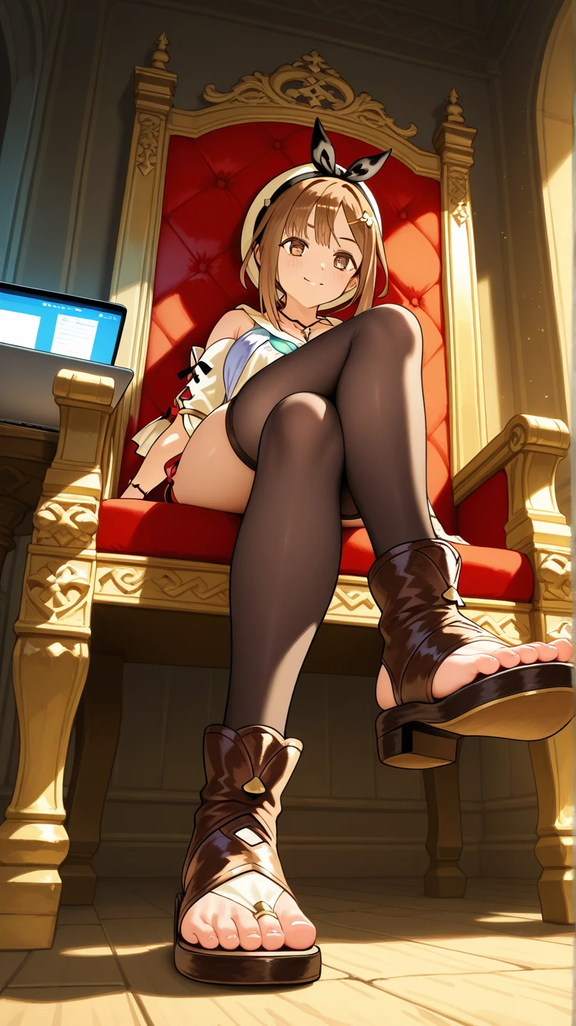 ((Highest quality)), ((masterpiece)), (detailed), prison, One girl, ((bare shoulders)), ((black bustier)), ((black stockings)), ((black g-string)), ((black high heels)), ((black garter belt)), ((black elbow gloves)), ((chair)), ((female sitting in a chair)), ((evil grin)), (((((from below:1.3))))), ((looking at viewer)), ((((looking down:1.4)))), tare at viewer with stern eyes