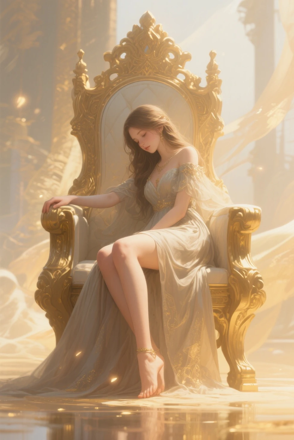 (medium full shot) of (ineffable angel with feathered wings and an angel halo) young woman, slim build, extra long ginger retro hair, philippine, tan skin, brown eyes,  wearing a celestial circlet with intricate filigree, divine white heavenly tunic with delicate lace, ethereal  skirt, glittering stockings, pink ballet flats, holding a shimmering crystal orb emitting soft light, set in  divine temple, Celestial Library, Grand hall with towering shelves filled with ancient tomes, cozy reading nooks with plush cushions, a majestic chandelier illuminating the space, ornamental globes, a tranquil fountain in the center , at sunset, woman smiling, detailed face, ,Masterpiece,best quality, photo, realistic, very aesthetic