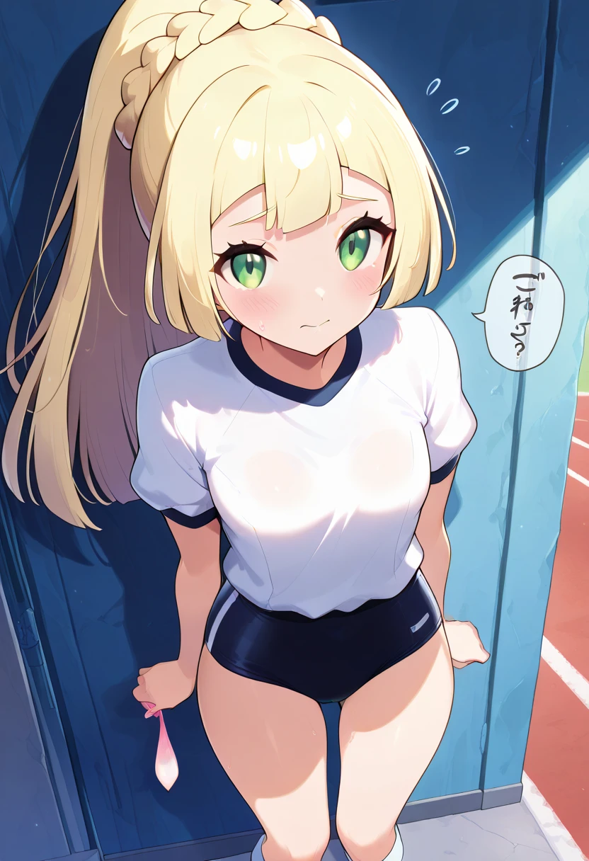 (Blonde,Long twin tails),(Very curled hair,Blue ribbon,Bright blue eyes,freckles),(mega breasts),BREAK,((fisheye distorted lens,Peephole)),(locker room),Shooting from below,(looking away:1.5),topless,topless,(change of gym uniform,buruma, white shirt:1.3),