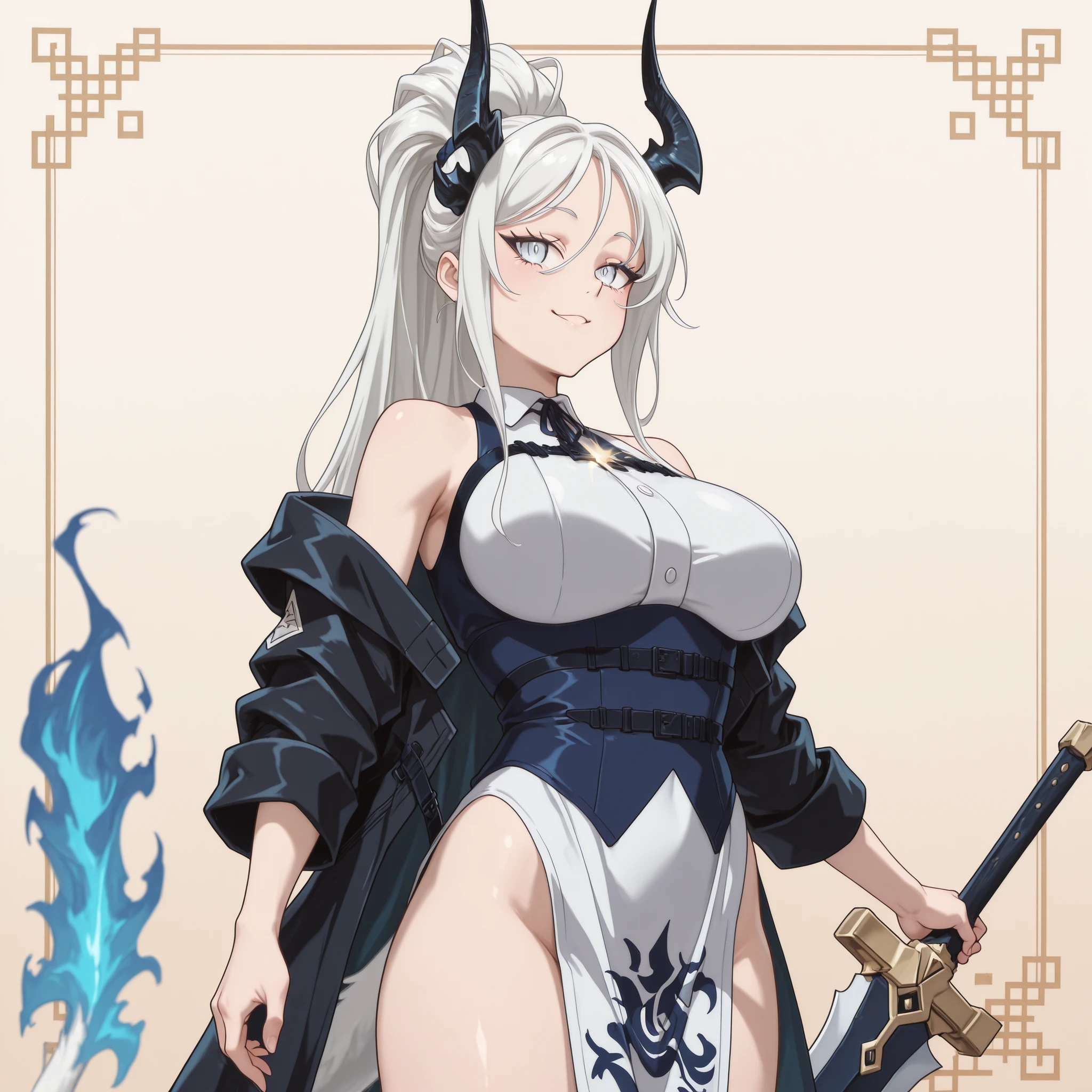 Sozinho, 1 , facing the viewer, white hair, hairstyle from Sylpha from "Tensei Shitara Dai Nana Ouji Dattanode", face de Sylpha de "Tensei Shitara Dai Nana Ouji Dattanode", Sylpha eyes from "Tensei Shitara Dai Nana Ouji Dattanode", Long FRINGE, Perfect Anatomy, estudante, Reed's black horns from "arknights", tail, white tail, blue flame on the tip of the tail, young girl , perfect body, jovem, sensual, perfect and beautiful face;
A black coat like Dusk with "arknights", sexy white Chinese dress, exposed arms, blue arms with black spots (Dusk style from Arknights only in blue), hands with claws, blue hands with black spots;
facing the viewer, cara a cara, fundo preto, sexy pose, big breasts;
Holding a heavy sword, sword looking like the sword of Nian from "arknights", golden details on the sword, giant sword drawing, Silver blade;
attack position, exposed shoulders and head, near the face , looking at the character, looking at the viewer, cara a cara, Provocative smile, confiante, cute expression;
Pay attention to the necessary colors, , maximum resolution ;
uma imagem +18, A sexy image;