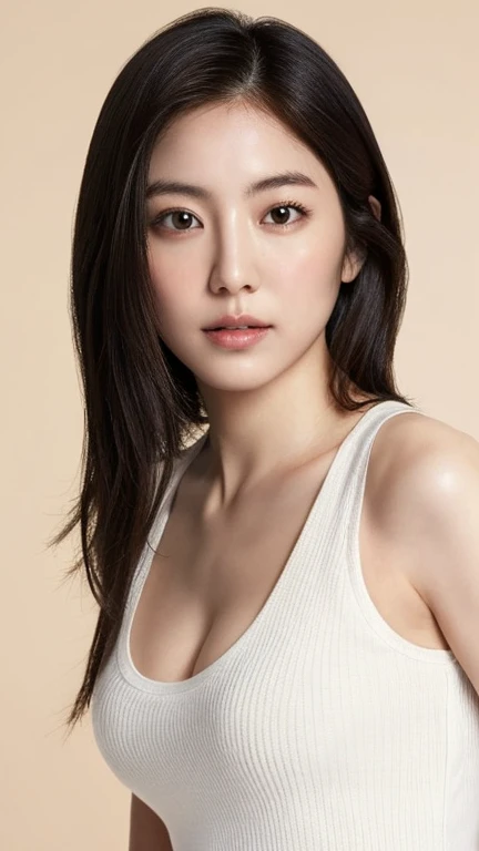 (highest quality、table top、8k、best image quality、Award-winning work)、One cute beauty、straight medium hair、(alone:1.2)、(White Fitted V-Neck Long Sleeve Knit:1.2)、(Close-fitting V-neck long sleeve knit:1.1)、(The simplest pure white background:1.6)、(Perfectly fixed at the front:1.1)、close up of face、(very big breasts:1.3)、(emphasize body line:1.2)、(Perfect female frontal and horizontal portrait with proper margins:1.2)、(Perfect expression of a woman whether viewed from the side or from the front:1.2)、beautiful and detailed eyes、look at me and smile、(Upright photo from the chest up:1.2)、(turn around and look straight at me:1.2)、(perfect makeup:1.1)、bright lipstick、Ultra high definition beauty face、ultra high definition hair、Super high-definition sparkling eyes、Super high resolution perfect teeth、Super high resolution glossy lips、accurate anatomy、very beautiful skin、(Pure white skin shining in ultra-high resolution:1.2)、Elegant upright posture when viewed from the front、(very bright:1.3)