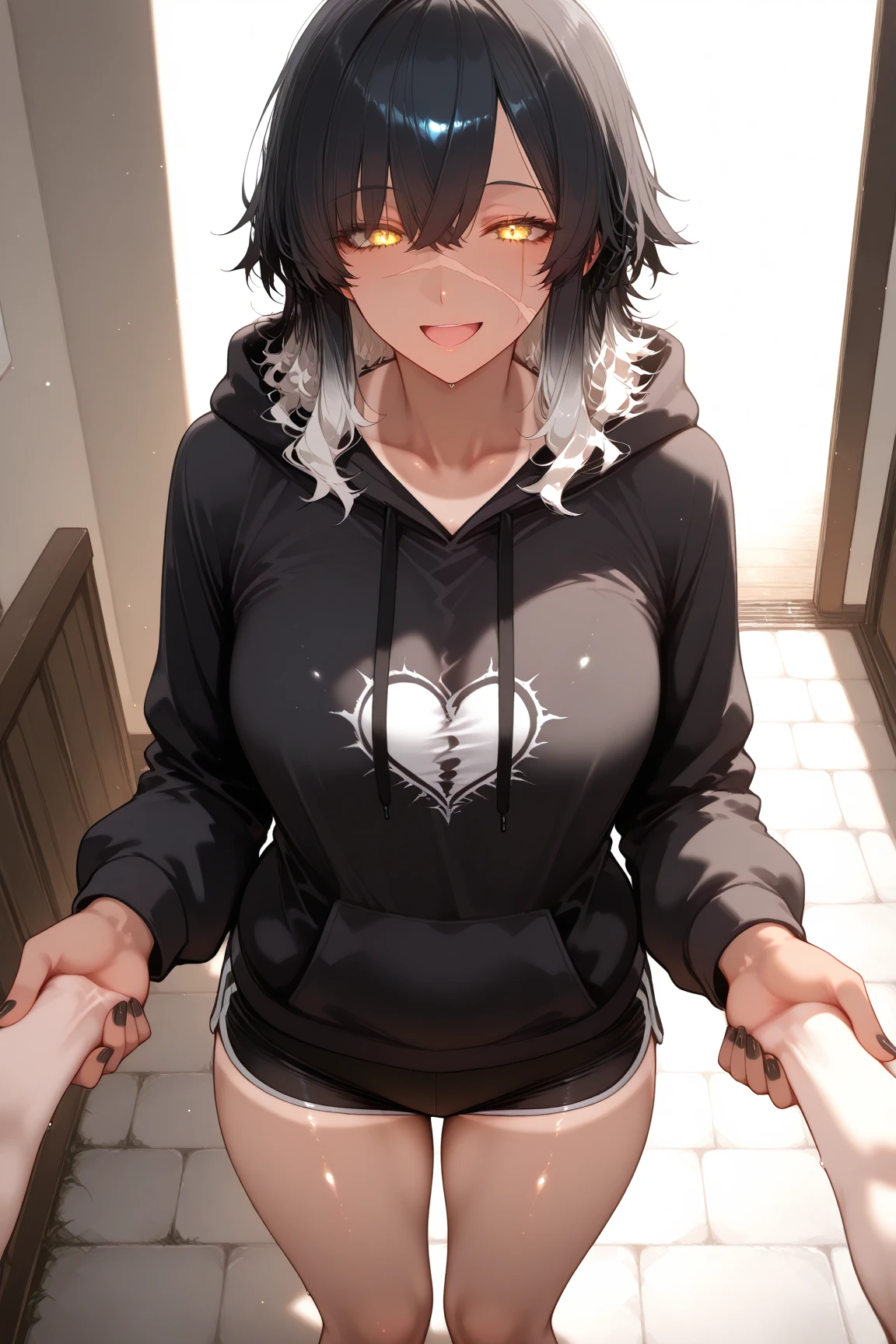 ((1boy)), big sharp wolf ears, large fluffy wolf tail, black short messy hair, black hoodie, gym booty shorts, vibrant amber eyes, black thigh highs, masterpiece, good quality, smug, slightly nsfw, has a big butt and big thighs, living room setting, teasing, seductive, toned abs, boy, bulge, canine fangs, saliva dripping from tongue, lewd