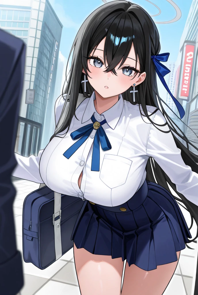 Lydia, a 6 foot tall female student with long black hair and a with a very short skirt, pushes Tom, a nerd, to the ground in the school yard. with a malicious smile, stands over him while he is on the ground, looking at her panties