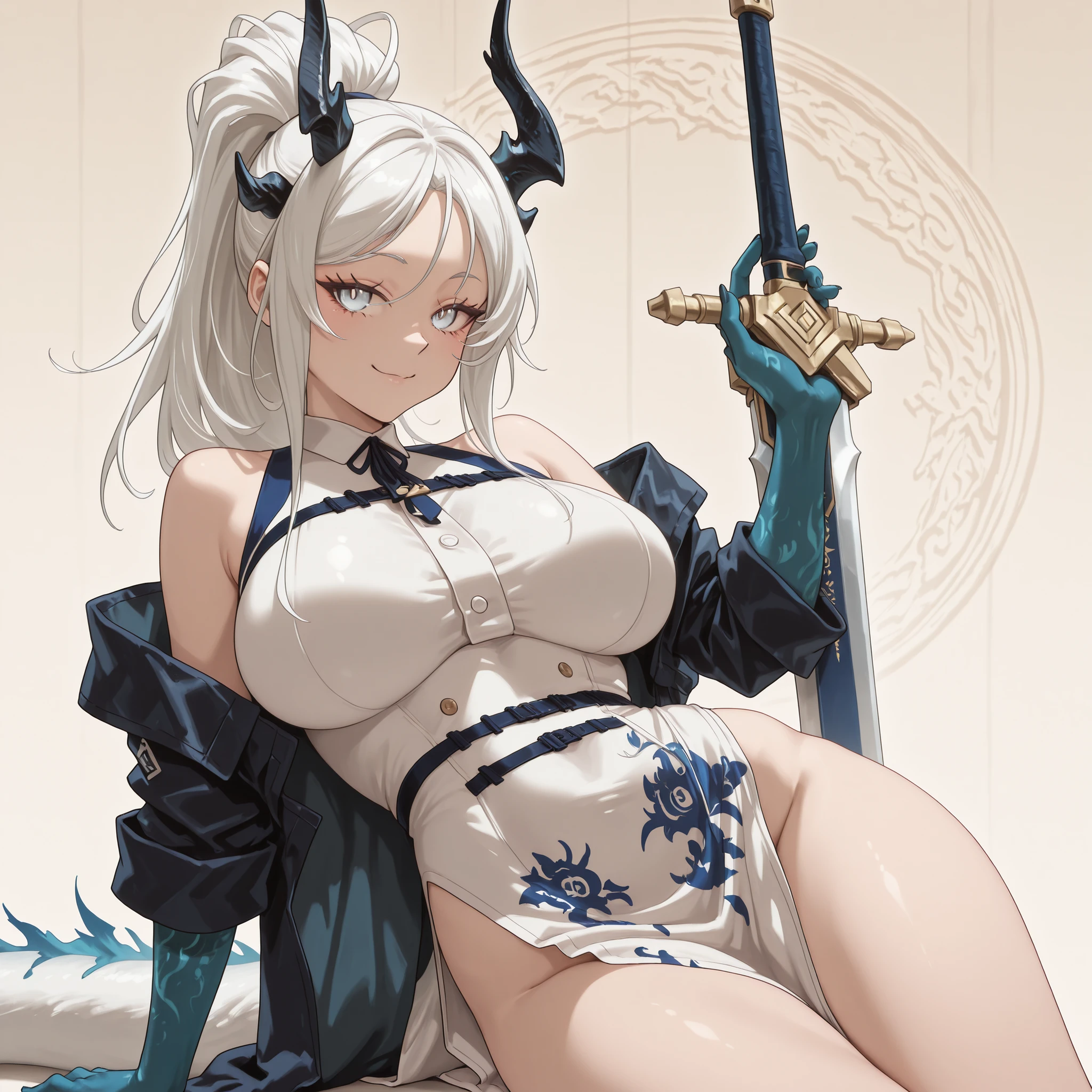 Sozinho, 1 , facing the viewer, white hair, hairstyle from Sylpha from "Tensei Shitara Dai Nana Ouji Dattanode", face de Sylpha de "Tensei Shitara Dai Nana Ouji Dattanode", Sylpha eyes from "Tensei Shitara Dai Nana Ouji Dattanode", Long FRINGE, Perfect Anatomy, estudante, Reed's black horns from "arknights", tail, white tail, blue flame on the tip of the tail, young girl , perfect body, jovem, sensual, perfect and beautiful face;
A black coat like Dusk with "arknights", sexy white Chinese dress, exposed arms, blue arms with black spots (Dusk style from Arknights only in blue), hands with claws, blue hands with black spots, sexy white Chinese dress;
facing the viewer, cara a cara, fundo preto, sexy pose, big breasts, sexy white Chinese dress;
Holding a heavy sword, sword looking like the sword of Nian from "arknights", golden details on the sword, giant sword drawing, Silver blade;
attack position, exposed shoulders and head, near the face , looking at the character, looking at the viewer, cara a cara, Provocative smile, confiante, cute expression;
Pay attention to the necessary colors, , maximum resolution ;
uma imagem +18, A sexy image;