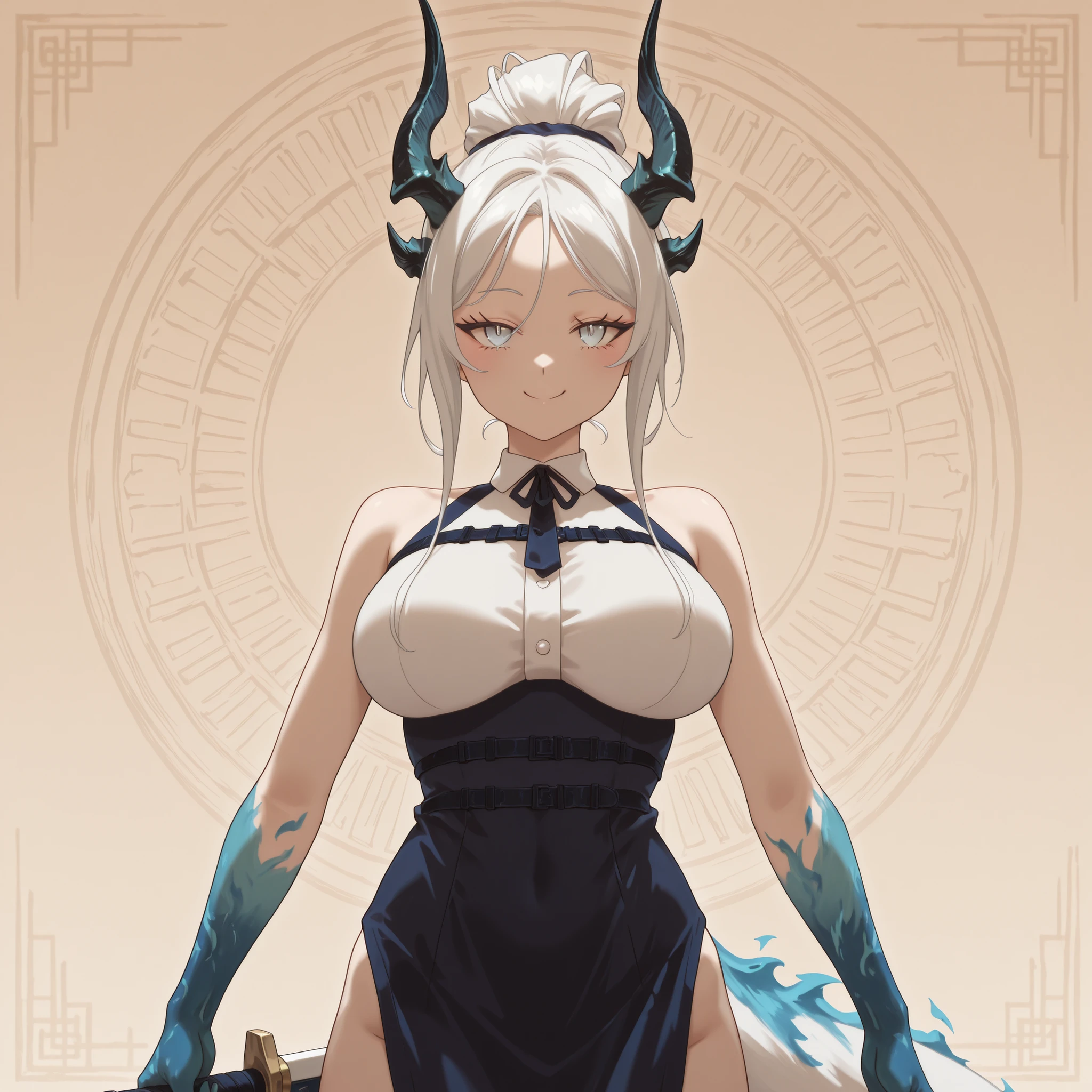 Sozinho, 1 , facing the viewer, white hair, hairstyle from Sylpha from "Tensei Shitara Dai Nana Ouji Dattanode", face de Sylpha de "Tensei Shitara Dai Nana Ouji Dattanode", Sylpha eyes from "Tensei Shitara Dai Nana Ouji Dattanode", Long FRINGE, Perfect Anatomy, estudante, Reed's black horns from "arknights", tail, white tail, blue flame on the tip of the tail, young girl , perfect body, jovem, sensual, perfect and beautiful face;
A black coat like Dusk with "arknights", sexy white Chinese dress, exposed arms, blue arms with black spots (Dusk style from Arknights only in blue), hands with claws, blue hands with black spots;
facing the viewer, cara a cara, fundo preto, sexy pose, big breasts;
Holding a heavy sword, sword looking like the sword of Nian from "arknights", golden details on the sword, giant sword drawing, Silver blade;
attack position, exposed shoulders and head, near the face , looking at the character, looking at the viewer, cara a cara, Provocative smile, confiante, cute expression;
Pay attention to the necessary colors, , maximum resolution ;
uma imagem +18, A sexy image;