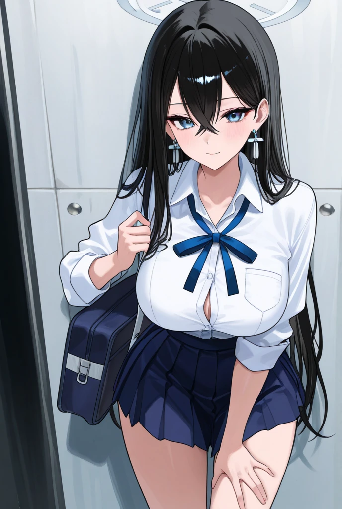 masterpiece, best quality, highres, aanaga, long hair, one side up, hair ornament, hairclip, dark skin, large breasts, school uniform, loose necktie, blue necktie, cleavage, collared shirt, white shirt, short sleeves, wrist scrunchie, wristwatch, midriff, pleated skirt, blue skirt, thigh strap, <lora:naga_(nikke)_v1:0.7>, indoors, (skirt lift:1.3), panties, standing, cowboy shot,