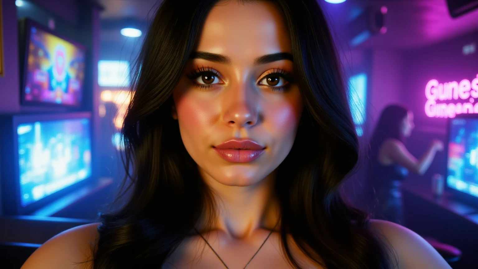 zoecostillo_dfc, brown eyes, beautiful eyes, looking at viewer, black hair, long hair, side locks, face-framing strands, face shot, face close up, intimate, intense, staring at the camera, coy smile,
realistic, photograph, (film grain:0.4), realistic skin, detailed skin, (skin imperfections, freckles:0.5),
(dynamic view:1.2), (shallow depth of field:1.4), (Bokeh:1.4), (Cinematic lighting:1.2), (cinematic color grading:1.1), (shot using a Hasselblad 500CM camera), (on Agfa Vista film), in the style of (Norman Jean Roy : 1.3),