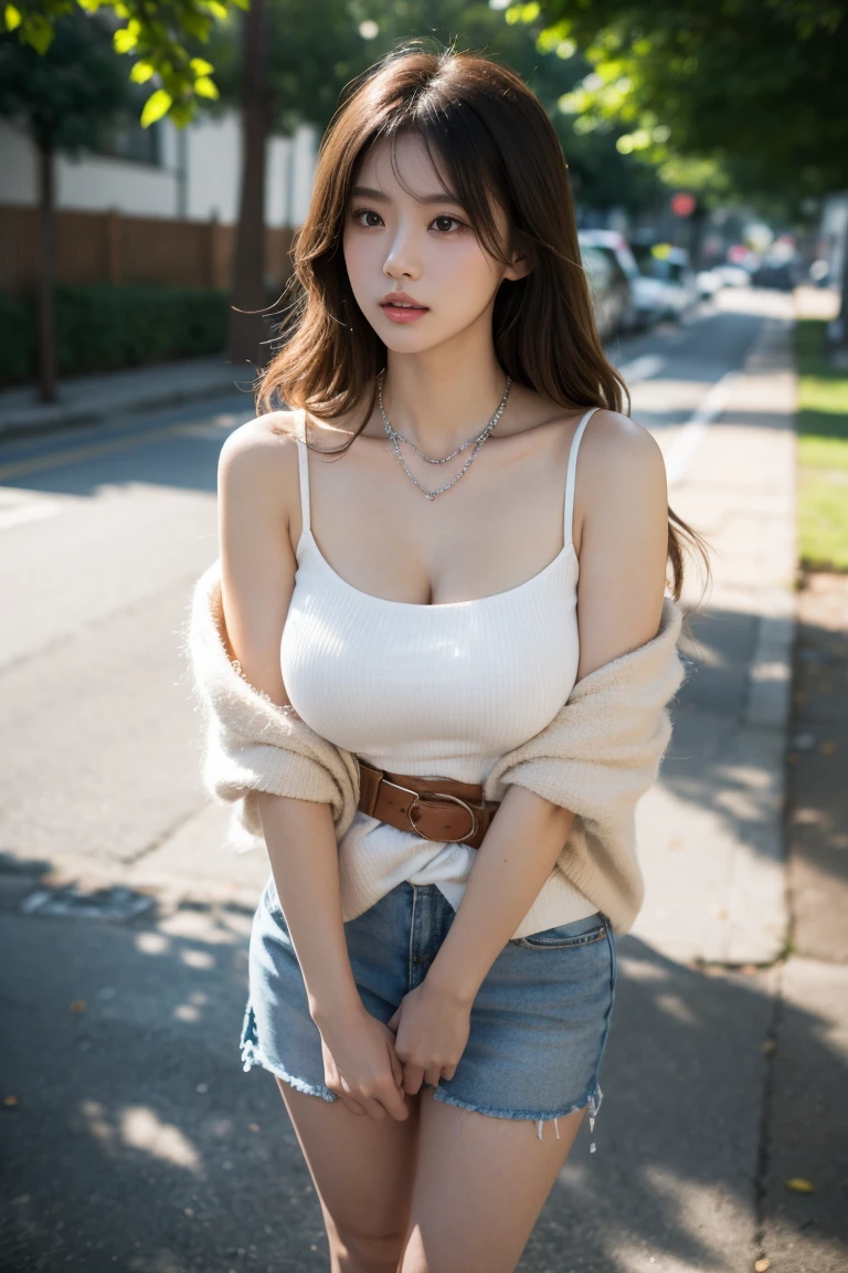 ((realistic raytraicing,Best Quority,8K,a masterpiece of:1.3)),1girl huge large breasts,Little moles under the eyes,ssmile,,Small moles on the breast,Pretty woman with slender figure:1.4,Abs:1.1,Korea,paleskin,(Floating wavy silky yellow hair,Breezy hair,Big_breasts:1),(Deep_Cleavage),white offshoulder shirt:1.2,long sleeves wet by wind,(Sweaty wet skin:1.3),standingn,Mountain night, campfire light, Super delicate face, finely-detailed eyes, 双眼皮, shiny skins, cowboy lens,(Wear a white miniskirt,Wear long white stockings:1.2