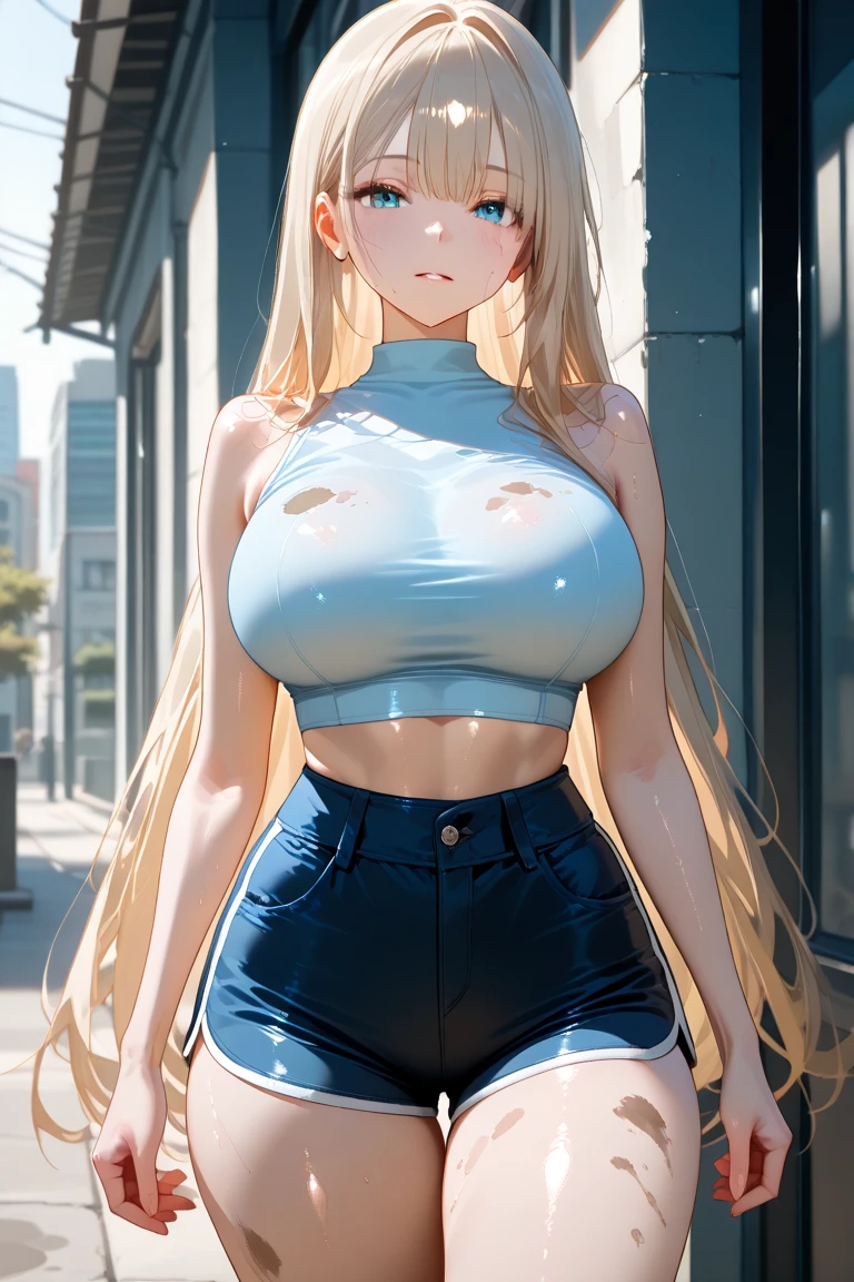 a necklace、A smile、 (Colossal tits:1.2、)The upper part of the body、frombelow、cammel toe、Black panties、 jewely、White Yoga Crop Top、White Leggings Shorts、hand on the breasts、see -through、Look at viewers、a choker、full of shyness、 (masterpiece、top-quality、top-quality、Official art、Beautifully Aesthetic:1.2)、(1 girl in)、ighly detailed、colourfull、highestdetailed、 城市、a street、leaning back to wall、walls、suns、clouds、Golden hair, length hair,a purple eye,Erina Nagiri