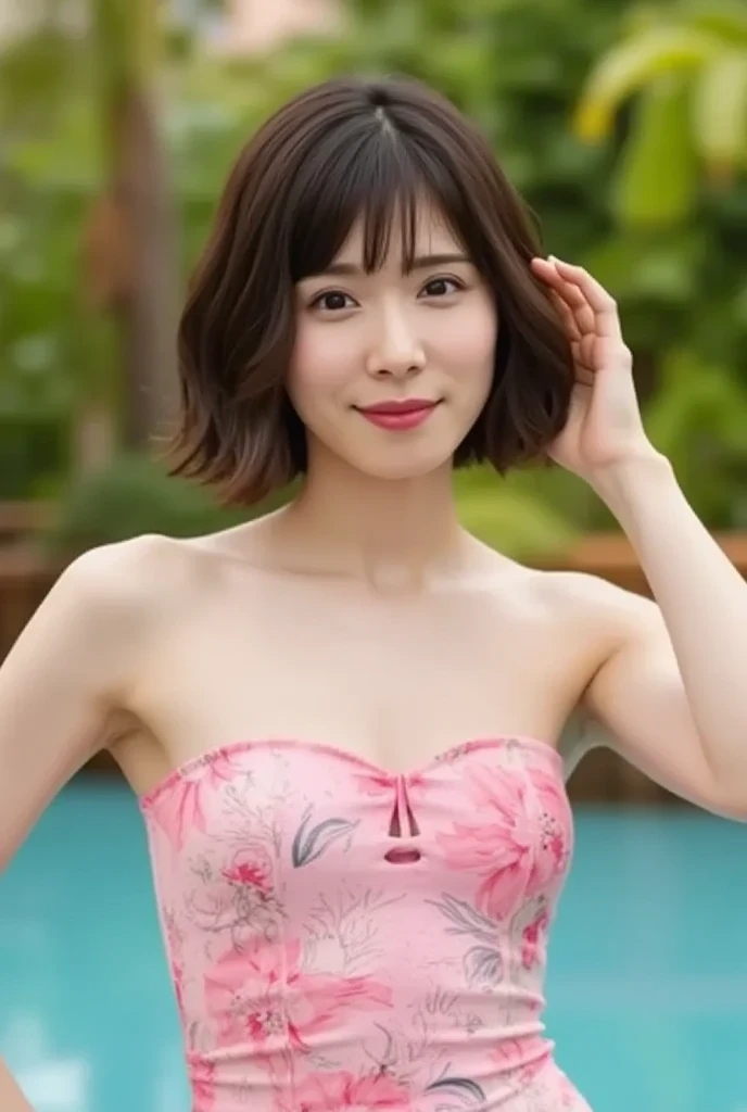 (8K, RAW photo, highest quality, masterpiece: 1.2), super detailed, super resolution, (genuine, genuine photos: 1.37), Portrait, High-definition RAW color photo, professional photos, Very detailed and beautiful new, very detailed, 8K wallpapers, amazing details, huge file size, official art, very detailed CG Unity 8K wallpapers, very detailed beautiful girls, very detailed facesHighly detailed eyes, very detailed skin, very detailed fingers, very detailed鼻, very detailed口, perfect anatomy, Very detailed background, Costumes with attention to detail, one girl, (18:1.2), teen, cute girl, famous japanese idol, cute, genuineistic body, , white skin, glowing skin, Because I'm slender, handsome body, brown hair, short curly hair, (dull bangs:1.2), smile, cute, like々New, cute new face, realistic face, delicate eyes, droopy eyes, camera's line of sight, cowboy shot, front, standing position, contrap post, dynamic lighting,
delicate body shape, The beauty of slim abs :1.2, thin waist :1.2,
plump lips, glossy pink lips, flushed cheeks, ((white teeth)),
Beautiful actress's ennui makeup, pink lipstick,
dark brown hair, delicate soft hair,
(hair up, medium short hair, ponytail:1.2),
layer cut, (dull bangs:1.2),
(stylish looking earrings,necklace,bracelet,shiny nail art),
cute smile, Mouth half open, Enchanted expression, ((Staring at the viewer)),
(((Shoot the whole body from the thighs, Pay attention to the lips:1.2))),
(Dress up in a tight floral nightgown:1.2),
((The crystal clear waters of a tropical resort, Immerse yourself in water up to your waist:1.2)),
The midsummer sun shines on the whole,
((look up)),
((squinting)),
((pursing lips)),
((Pointy mouth)),
((blushing cheeks)),
((I'm enchanted)),
((body is wet:1.4)),
((Lower milk:1.4)),
((show one's side)),
((She is sitting naked in a beautiful new position:1.4)),
The areola of the breast is beautiful.:1.2,
(perfect breast shape, rich breasts:1.4),
It is a small pale pink areola.,
(She has a cute plump butt, stick out your butt),