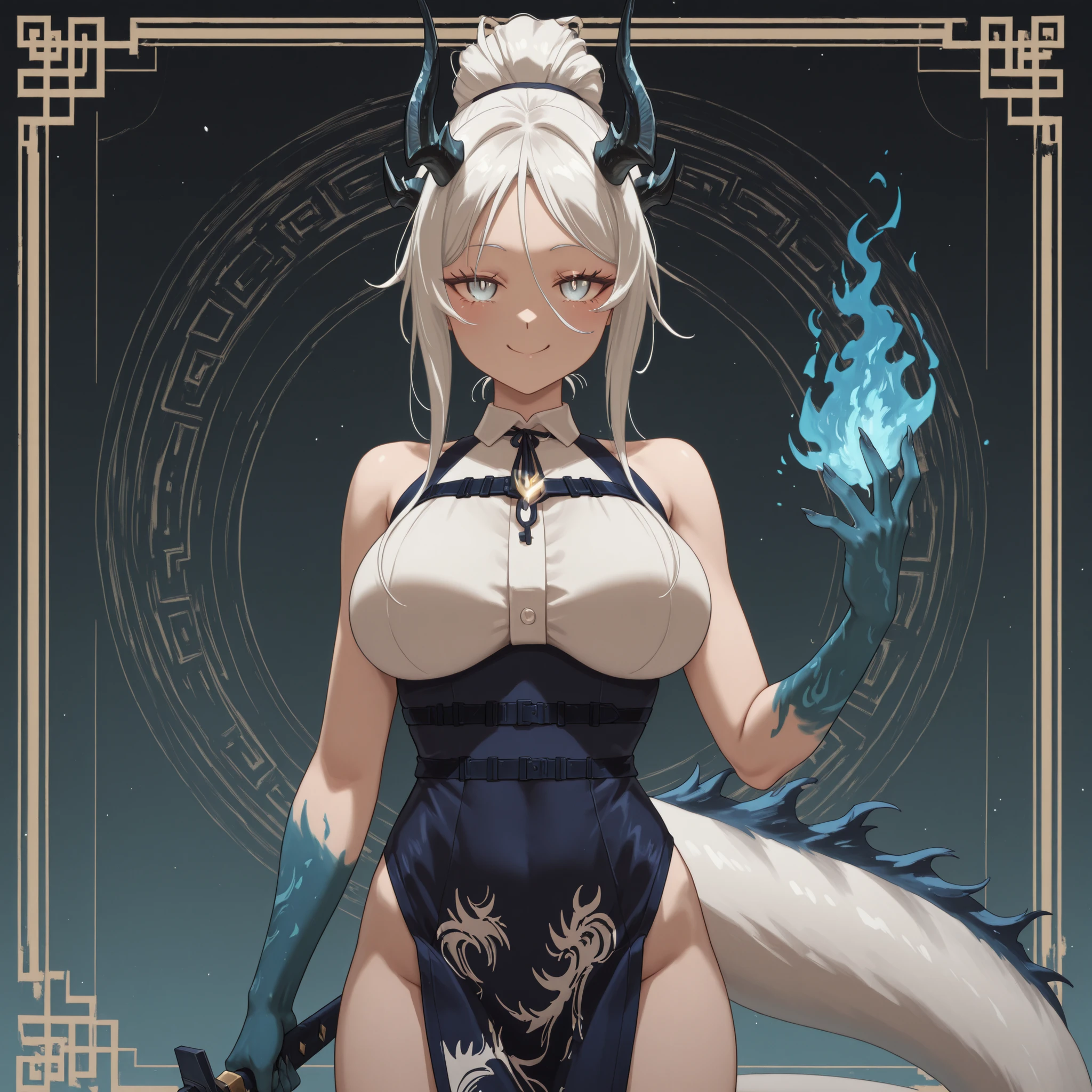 Sozinho, 1 , facing the viewer, white hair, hairstyle from Sylpha from "Tensei Shitara Dai Nana Ouji Dattanode", face de Sylpha de "Tensei Shitara Dai Nana Ouji Dattanode", Sylpha eyes from "Tensei Shitara Dai Nana Ouji Dattanode", Long FRINGE, Perfect Anatomy, estudante, Reed's black horns from "arknights",  tail, white tail, blue flame on the tip of the tail,  young girl , perfect body, jovem, sensual, perfect and beautiful face;

A black coat like Dusk with "arknights", Sexy dark blue Chinese dress, exposed arms, blue arms with black spots (Dusk style from Arknights only in blue), hands with claws, blue hands with black spots, Sexy dark blue Chinese dress;

facing the viewer, cara a cara, fundo preto, sexy pose, big breasts, Sexy dark blue Chinese dress;

Holding a heavy sword, sword looking like the sword of Nian from "arknights", golden details on the sword, giant sword drawing, Silver blade;

attack position, exposed shoulders and head,  near the face , looking at the character, looking at the viewer, cara a cara, Provocative smile, confiante, cute expression;

Pay attention to the necessary colors, ,  maximum resolution ;

uma imagem +18, A sexy image;