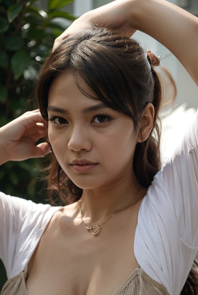 8k, best quality, Medium close-up, (white kebaya )、(luxury kebaya ),(top-quality,​masterpiece:1.3,超A high resolution,),(ultra-detailliert,Caustics),(Photorealsitic:1.4,RAW shooting,)Ultra-realistic capture,A highly detailed,high-definition16K for human skin, Cute and lovely Indonesian girl, realistic, ultra detail, photo realistic, Increase quality, 
 standing in a garden with a scarf, garden, (puffed breast), (ample cleavage ), close-up shot,dark-haired, long hair, (depth of fields、chromatic abberation、Wide range of lighting、Natural Shading、)、(Exterior light at night:1.4)、(Hair swaying in the wind:1.2).