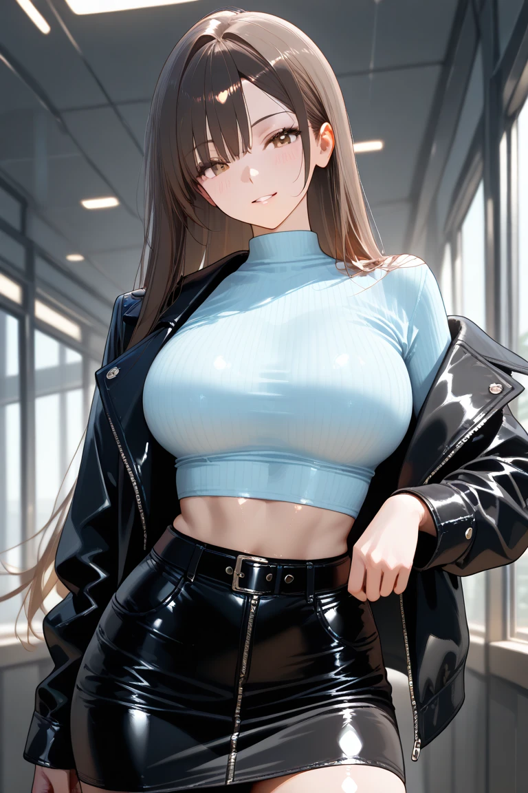 ((jacket lift、shirt lift、nsfw)),(big breasts:1.3、shiny skin:1.5、nipples are visible),(nipples peek:1.1),Girl in summer clothes, Medium flared skirt, pantyhose, Make her want to kiss you, View from the Viewer, cleavage, cityscape, flirty look, ((very detailed)), (perfectly detailed face), (well detailed hands) photorealistic images.