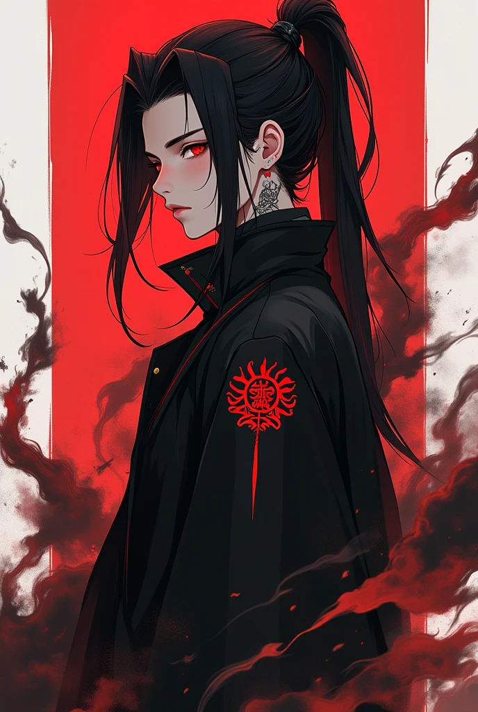 Itachi Uchiha-like woman with black and red hair, member of the Akatsuki no Naruto group, outfit with black overcoat and drawing of red clouds scattered on the outfit, eyes like Itachi Uchiha's