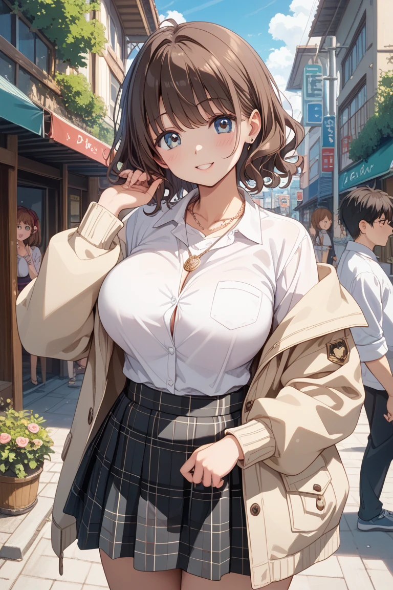 Anime illustration、High resolution、smile、A busty, chubby, lewd high school girl shows off her sexuality at the bus stop by wearing a hoodie over her shirt、Kyonko、Bow ribbon tie、mini skirt、Clothes are wet and see-through、Perfect proportions、Cowboy Shot、Plump thighs、Sharp Eyes、Sweaty