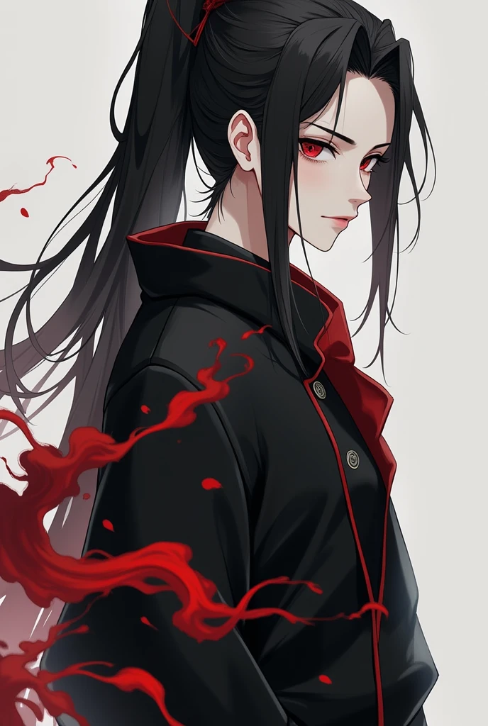 1girl, earrings, solo,lips, female focus, red eyes, looking at viewer, black hair, long hair, closed mouth