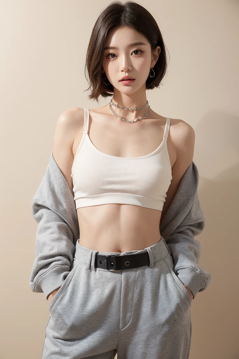 top quality:1.3、​Masterpiece、high resolution、［1 girl in］、｛solo｝、original photo、real person、Photo of an alluring woman with short slicked hair, Potrat、posing in the room, boring, mascara, ,(textured skin, skin pores:1.1), (mole:0.2), (imperfect skin:1.1) intricate details, goosebumps, face perfect, (ceton freckles:0.9), ((Realism):1.1), (born, 8k:1.2), gloomy, pastel colors,、Delicate skin、face front、professional model、Japanese、Thin bangs、Berry short hair、bare shoulder、crop top、long pants、spotlight、perforation、A necklace、white wall, mesmerizing