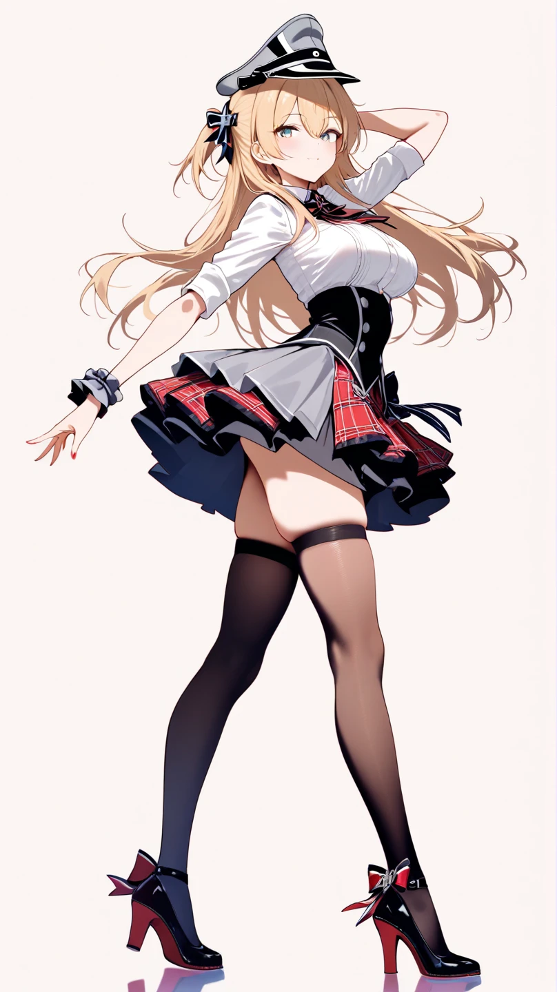 masterpiece, best quality, highres, blue eyes, serena \(pokemon\), 1girl, solo, thighhighs, long hair, hat, jewelry, bracelet, black thighhighs, collared shirt, pleated skirt, red skirt, sleeveless, high-waist skirt, sleeveless shirt, eyelashes, black shirt, full body, field, smile, closed mouth, from below, thick thighs, looking down at viewer, upskirt, absolute territory, large breasts,